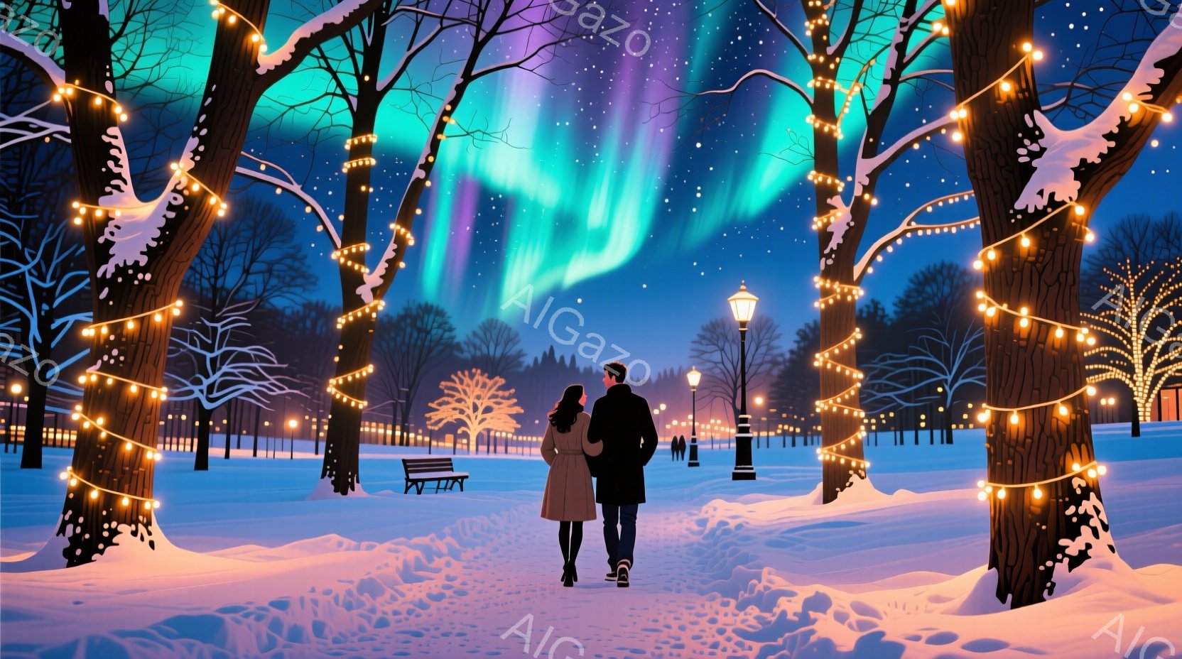 雪が降り積もる公園を、コートを着た男女が寄り添いながら歩いている。背景には、冬の夜空に現れたオーロラが広がり、木々は温かい光の装飾で覆われている。全体的に、ロマンチックで幻想的な雰囲気が漂い、温かく穏 - AI生成フリー素材