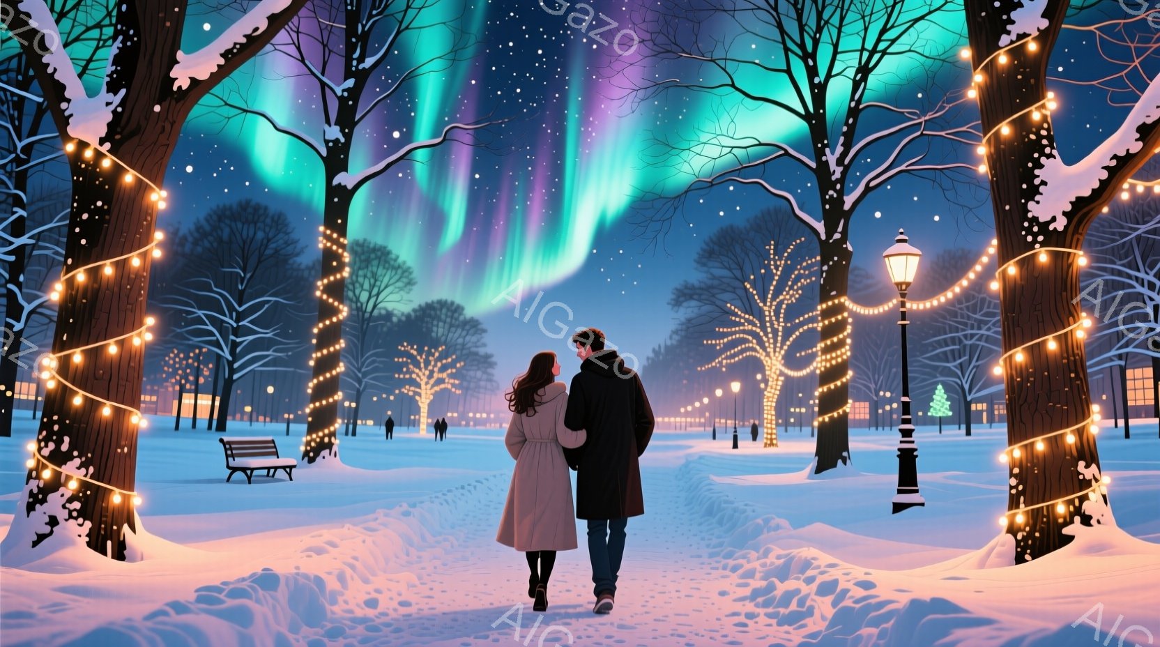 雪に覆われた公園を、コートを着た男女が並んで歩いている。女性は長く茶色の髪をしており、男性は黒いコートを着ている。背景には木々が立ち並び、空にはオーロラのような美しい光が輝き、幻想的な冬の夜の雰囲気を - AI生成フリー素材
