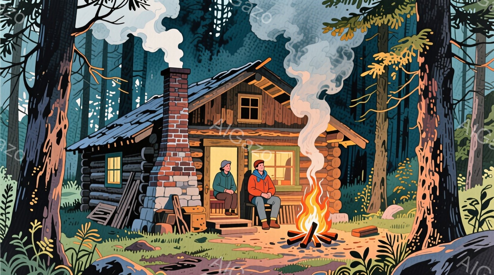 暖炉から煙が立ち上る丸太小屋の前に、二人の人物が腰掛けて暖を取っています。赤いジャケットを着た男性と、紺色のジャケットを着た女性はリラックスした様子で、穏やかな表情を浮かべています。周囲は鬱蒼とした森 - AI生成フリー素材