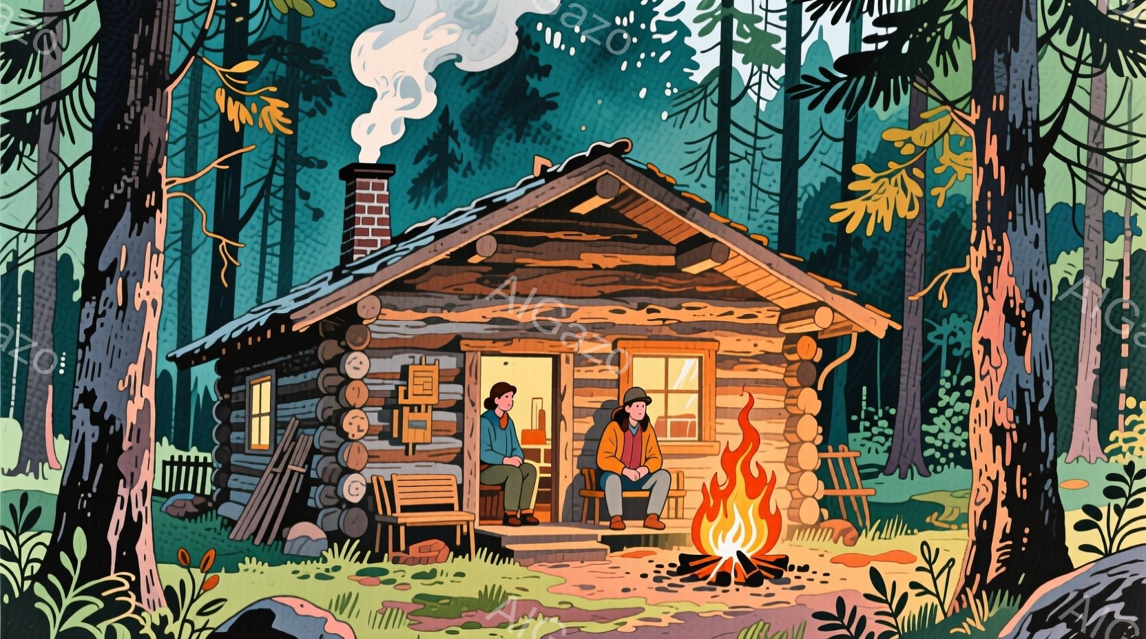 ログハウスの前に二人が腰掛けており、暖炉の火を見つめています。男性は赤いセーターを着ており、女性は青いジャケットと帽子を被っています。背景には雪景色と針葉樹林が広がり、暖かい光が灯った家と焚き火の炎が、静かで穏やかな冬の雰囲気を醸し出しています。