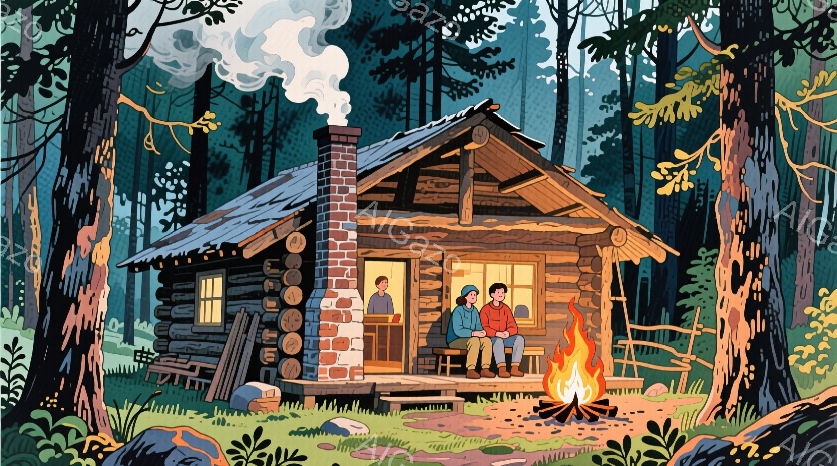 ログハウスの前に暖炉があり、若い男女が寄り添って座っています。女性は茶色の髪をポニーテールにし、赤いセーターを着ています。男性は黒髪で青いセーターを着ており、二人とも暖炉の火を見つめ、リラックスした表情をしています。背景には緑豊かな森が広がり、煙突からは白い煙が立ち上り、静かで穏やかな冬の雰囲気が漂います。