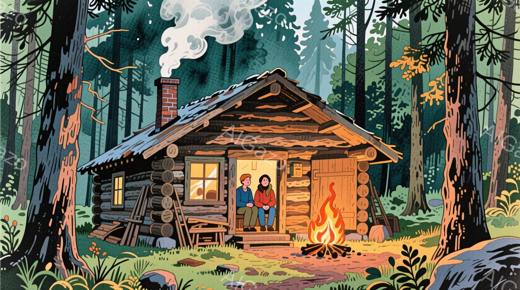 小さな丸太小屋の前には暖炉があり、若い男女が寄り添って座っています。男性は赤いセーターを着ており、女性は青いコートを着ています。背景には鬱蒼とした森が広がり、雪が降り積もっているようで、暖炉の煙が立ち上り、温かく穏やかな雰囲気を醸し出しています。