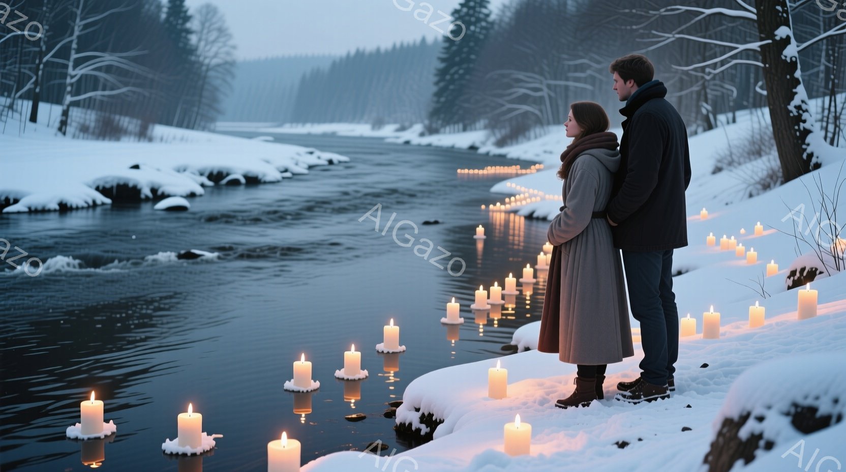 雪に覆われた川岸に、一対の男女が並んで立っている。女性は長いキャメル色のコートを着ており、髪は肩まで伸びており、後ろを向いて何かを見つめているようだ。男性は黒いコートを着ており、女性の隣で同じ方向を見つめ、周囲には水面に浮かぶ無数のロウソクが幻想的な光を放っている。
