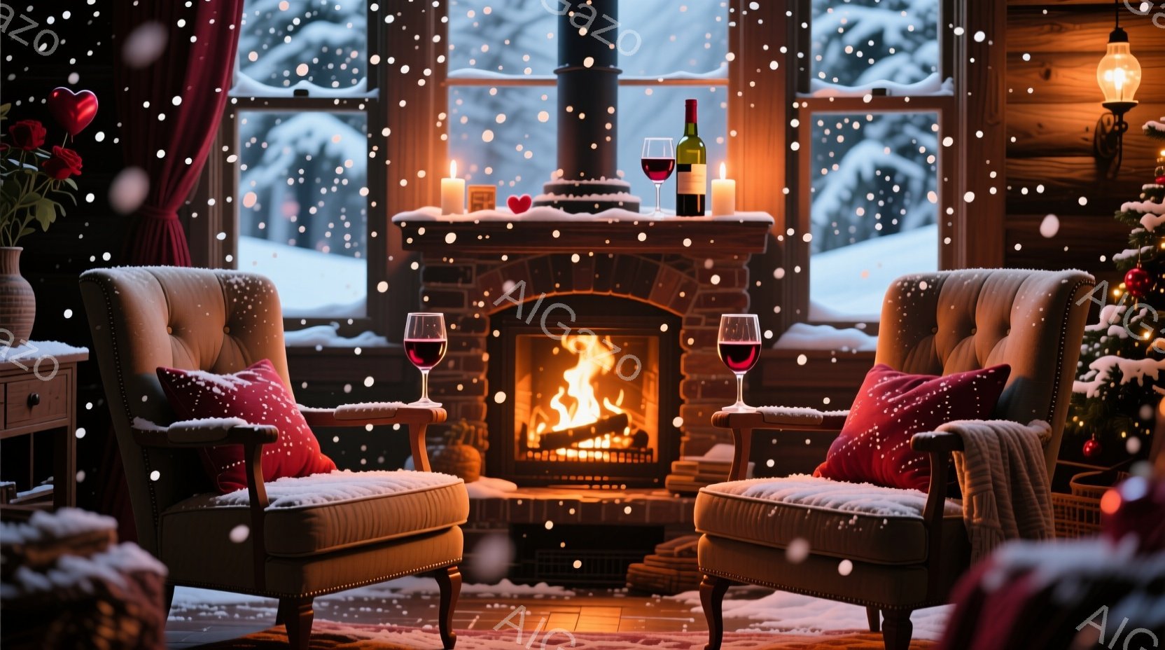 暖炉のそばに置かれた二つの肘掛け椅子が温かい光に包まれています。窓の外には雪が降り積もり、冬の静かな風景が広がっています。暖炉の上にはワインボトルとグラスが置かれ、クリスマスの飾りとロウソクが暖かくロマンチックな雰囲気を醸し出しています。
