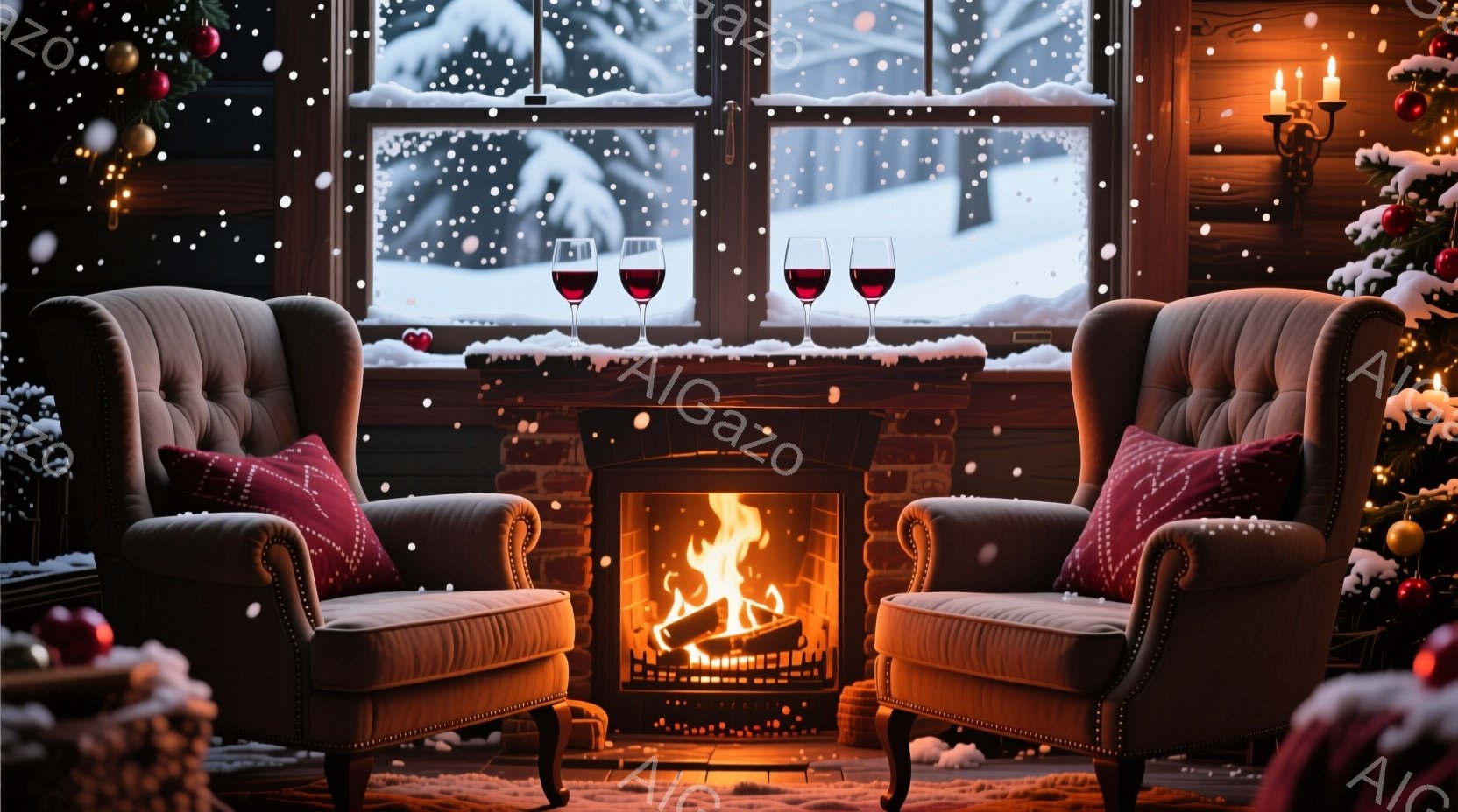 暖炉の前に配置された2脚のアンティーク調の肘掛け椅子が目に入ります。窓の外には雪景色が広がり、温かい光と白い雪のコントラストが印象的です。クリスマスの装飾が施された背景と暖炉の炎が、心地よく穏やかな冬の雰囲気を醸し出しています。