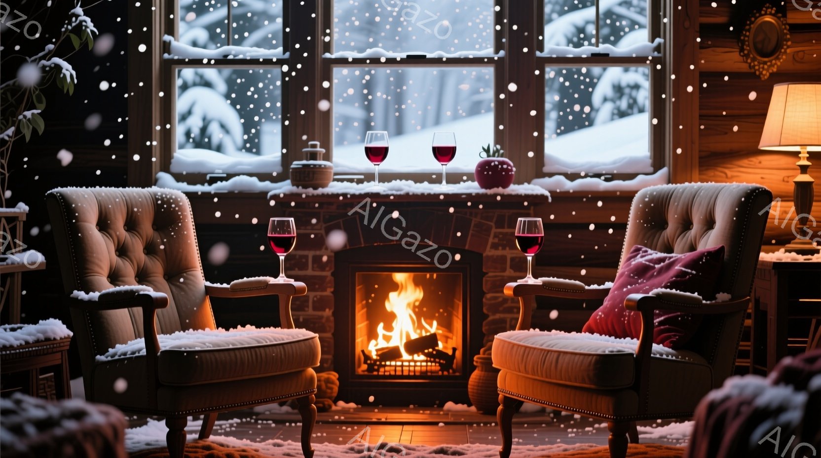 暖炉の前には、豪華なアームチェアが二脚置かれており、それぞれにワイングラスが置かれています。窓の外は雪景色で、暖炉の炎と暖かく照らされた室内とのコントラストが心地よい冬の雰囲気を醸し出しています。木製の壁と暖炉のレンガが、温かさと落ち着きのある空間を作り出しています。