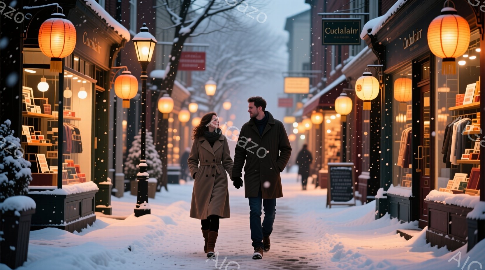 雪が舞う街並みを、若い男女が手をつないで歩いている。女性はロングコートにブーツを履き、巻き毛の髪を肩から垂らしている。背景には、暖色の光を放つショップが並び、クリスマスの装飾が施された窓が雪景色に映える。