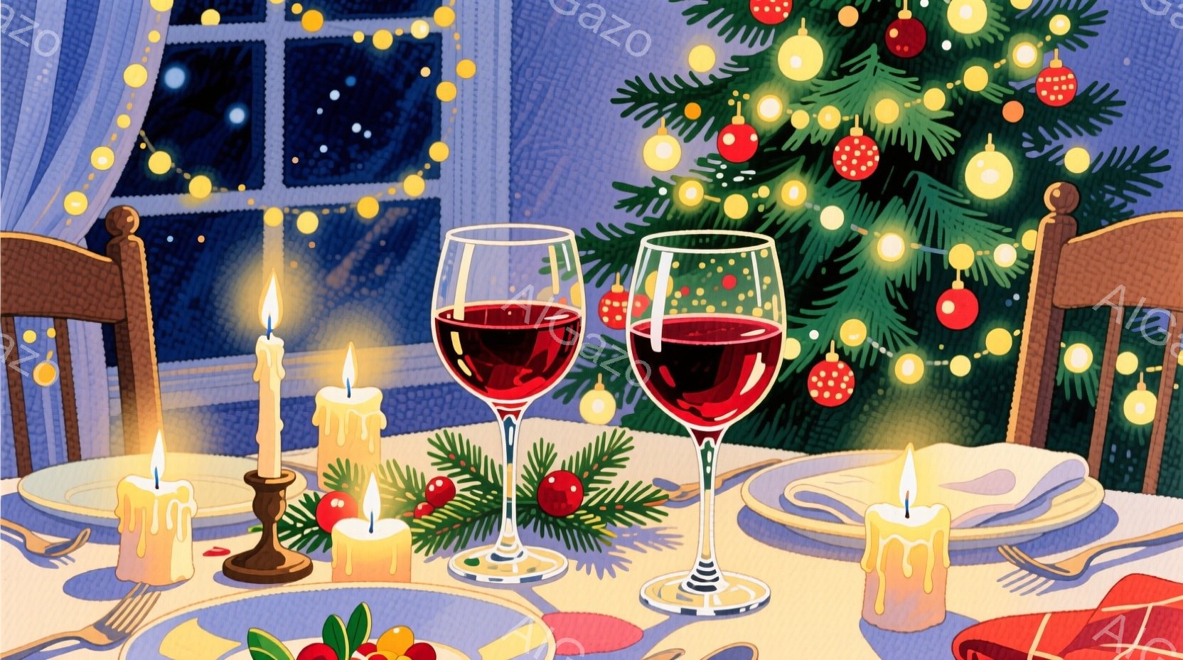 クリスマスディナーのテーブルが描かれており、窓の外は夜景が広がっています。テーブルの上にはワイングラス、キャンドル、そしてクリスマスの装飾が置かれ、温かく穏やかな雰囲気が漂っています。背景には、クリス - AI生成フリー素材