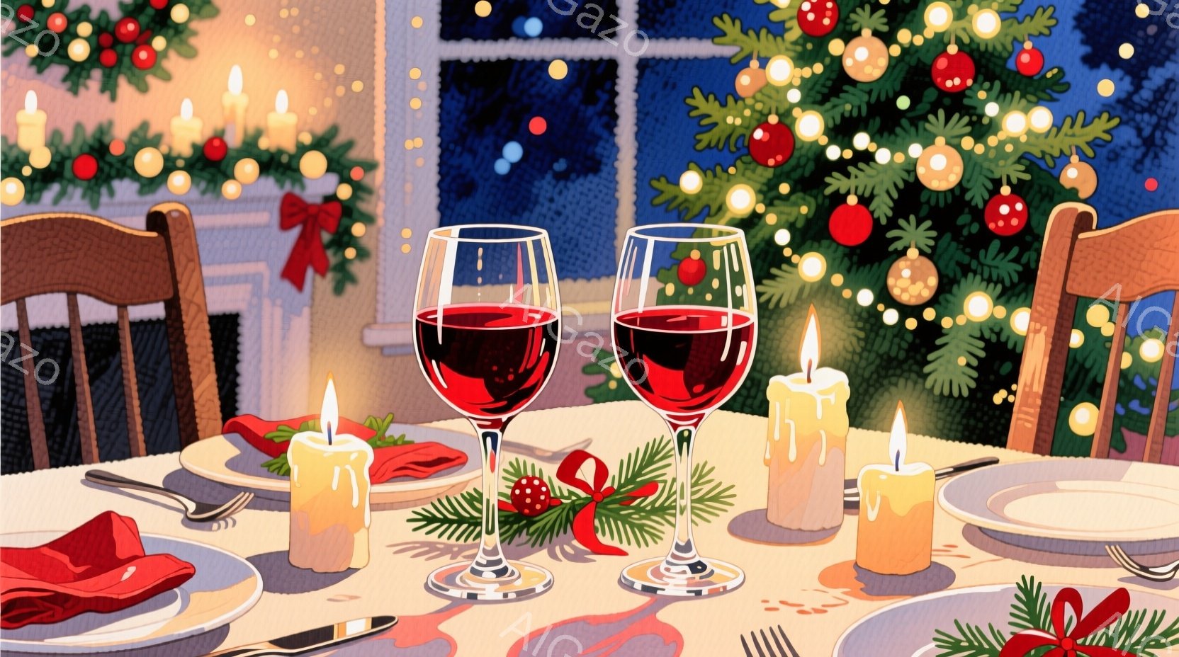 クリスマスディナーの食卓が描かれています。暖炉の光とキャンドルの炎が温かく照らし、ワイングラスには赤ワインが注がれています。背景にはクリスマスツリーが飾られ、赤と金のオーナメントが輝き、祝祭の雰囲気を醸し出しています。