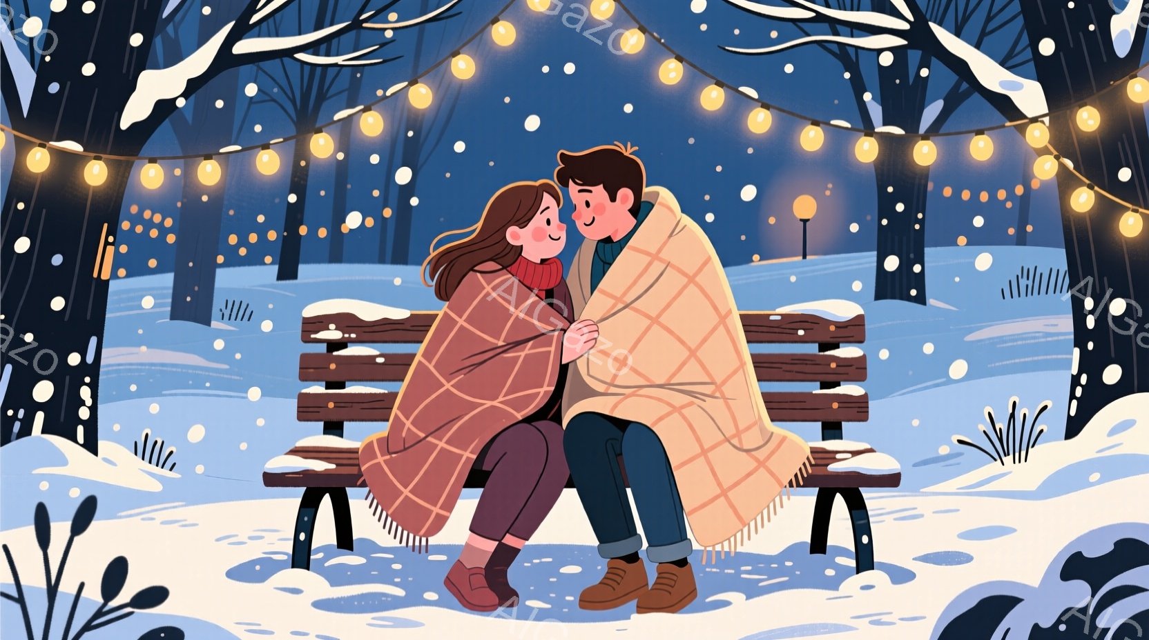 凍った湖上で、若い男女が手をつないでフィギュアスケートを楽しんでいる。女性はベージュ色のコートに白いスケート靴を履き、髪は後ろで束ねている。背景には木々が生い茂り、湖の周りには温かい光を放つ電球が飾られ、ロマンチックな雰囲気を醸し出している。
