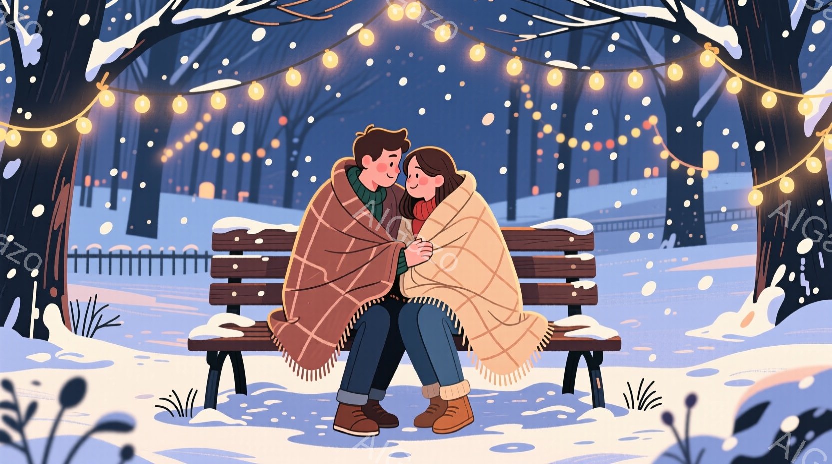 雪が降る公園のベンチに、若いカップルが寄り添って座っています。男性は茶色の髪で、紺色のコートと茶色の靴を履いています。女性は巻き毛の髪をしており、赤い帽子とコート、茶色のブーツを履いていて、二人は暖かい毛布にくるまり、幸せそうな表情をしています。