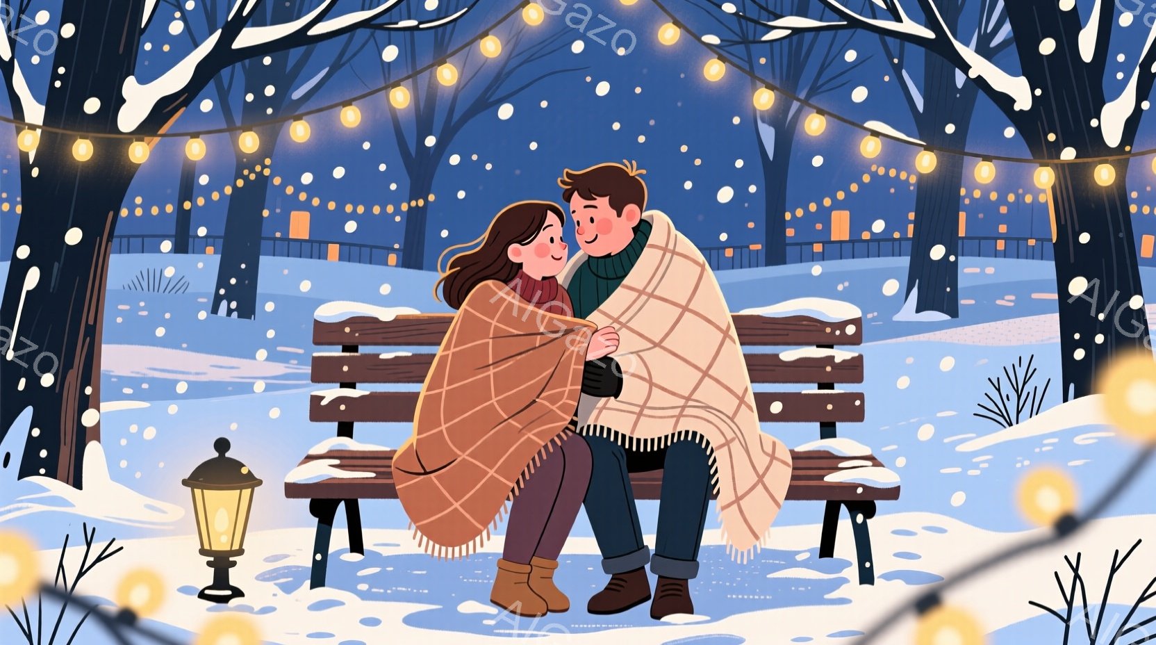 雪が降る冬の公園で、若い男女がベンチに寄り添って座っている。女性は茶色の長い髪で、ベージュ色のコートと茶色のブーツを履き、男性は黒いジャケットとジーンズ姿で、顔を見合わせて微笑んでいる。背景には木々が - AI生成フリー素材