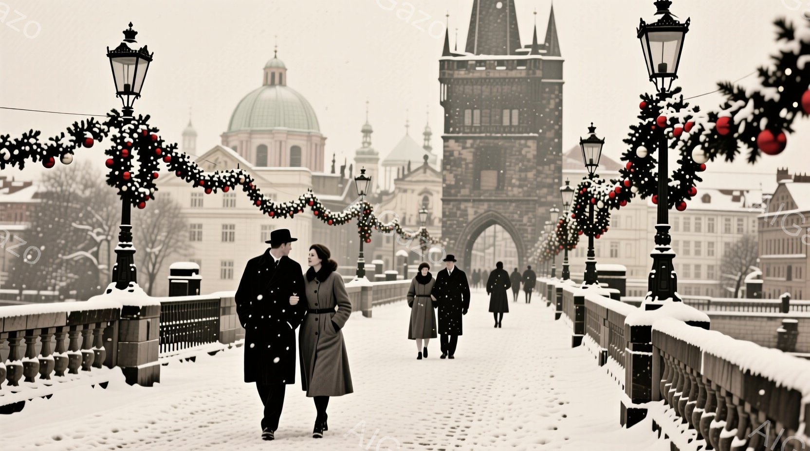 雪に覆われた石橋の上を、コートを着た男女が寄り添って歩いている。背景には、塔やドーム屋根の建物が冬の空の下に立ち並び、橋にはクリスマス装飾が施されている。全体的に、静かでロマンチックな冬の雰囲気が漂っている。