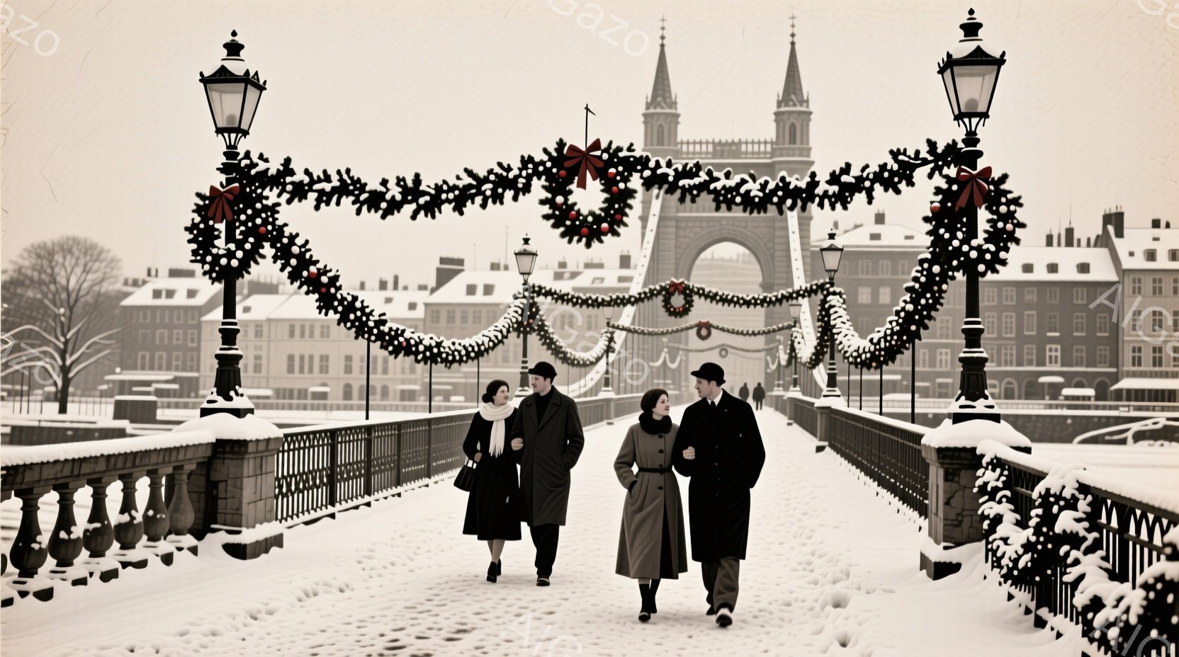 雪が降り積もる石造りの橋の上を、コートを着た男女が歩いている。女性はそれぞれ毛皮の襟付きのコートとスカーフを着用し、髪はアップスタイルに整えられている。背景には、雪景色の中にそびえ立つ建物や塔が見え、クリスマス飾りが施された橋は、冬の穏やかでノスタルジックな雰囲気を醸し出している。