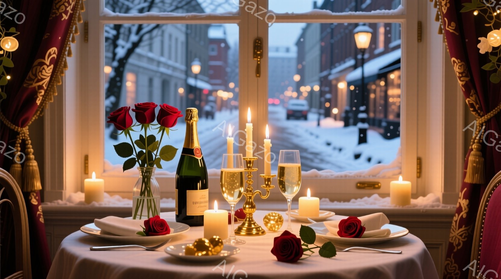 窓辺のテーブルには、シャンパンボトル、ワイングラス、キャンドル、そして赤いバラが飾られ、ロマンチックなディナーの準備が整っています。外は雪景色で、建物は雪に覆われ、冬の静寂が感じられます。全体的に暖か - AI生成フリー素材
