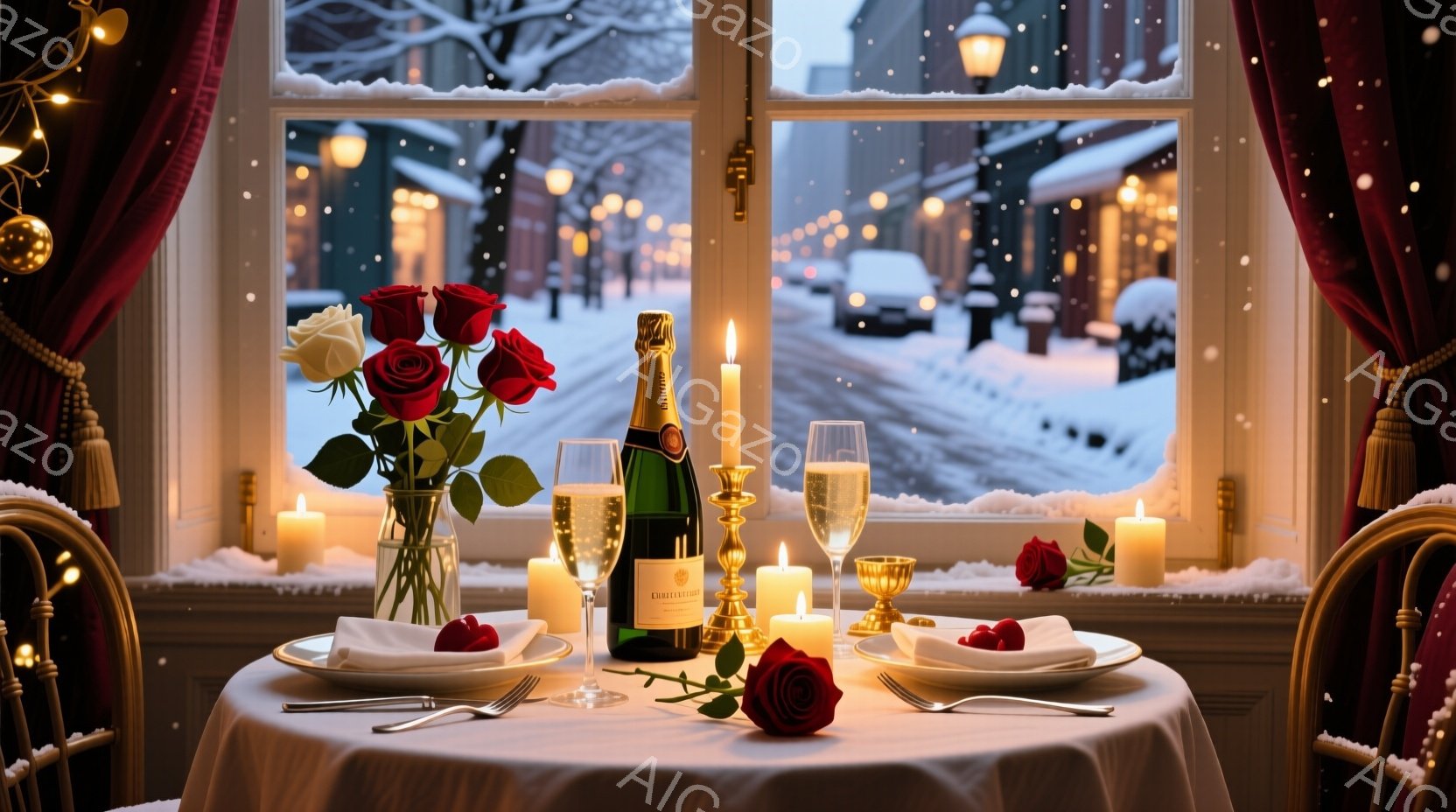 雪が降る窓の外を臨む、ロマンチックなディナーのテーブルが描かれています。白いテーブルクロスの上にシャンパンボトル、グラス、キャンドル、そして赤いバラが飾られ、特別な夜を演出しています。暖炉の光とキャン - AI生成フリー素材
