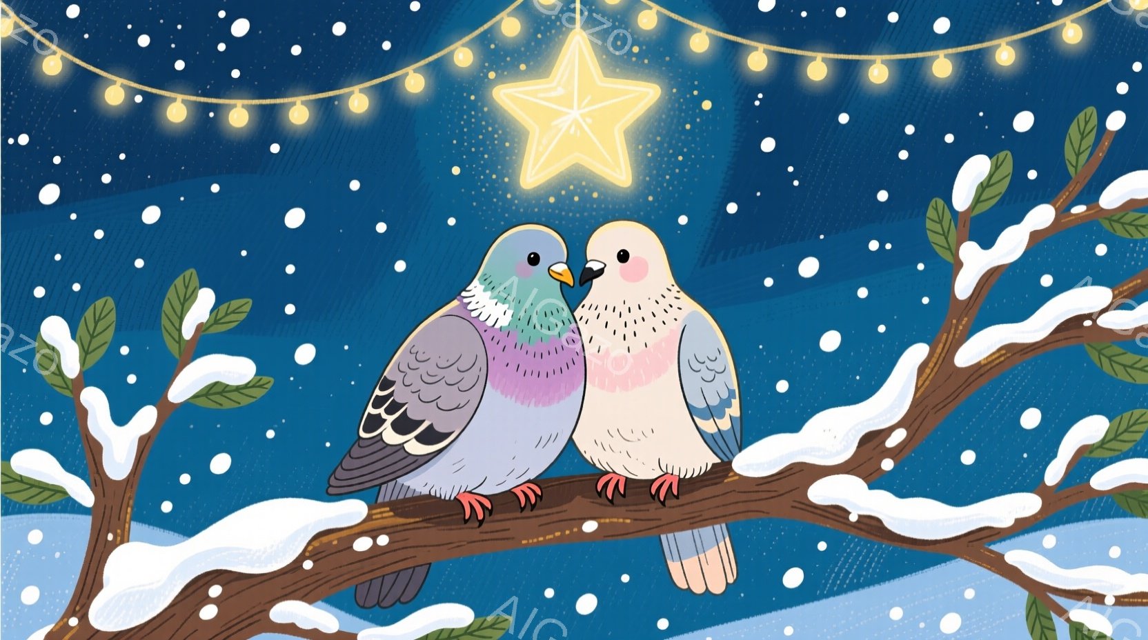 雪が降る夜、木の上に二羽のハトが寄り添って座っています。一羽は灰色と紫色、もう一羽は白とピンク色をしており、お互いに顔を寄せ合い、穏やかで愛情のある雰囲気を醸し出しています。背景には、雪に覆われた木々 - AI生成フリー素材