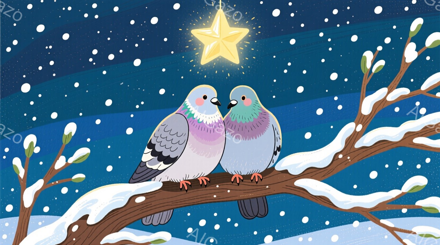 雪の積もった木の枝に寄り添う二羽のハトが描かれています。ハトたちは互いに顔を寄せ合い、温かい愛情を表現しています。背景は夜空で、星が瞬き、静かでロマンチックな雰囲気を醸し出しています。