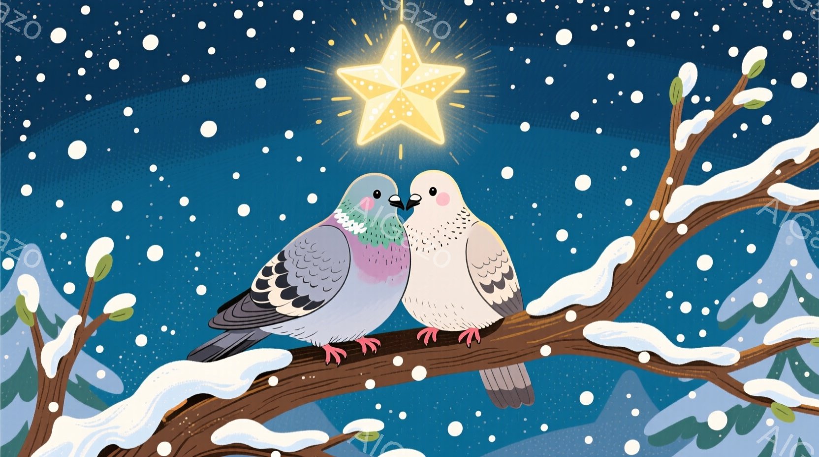 画面には、雪化粧した木の枝にとまる、ピンクと白の二羽の鳩が描かれています。鳩たちは寄り添い、穏やかな表情で互いを見つめ合っており、背景は濃い青色に輝く星が散りばめられた夜空です。全体的に、暖かく、平和で、ロマンチックな雰囲気を醸し出しています。