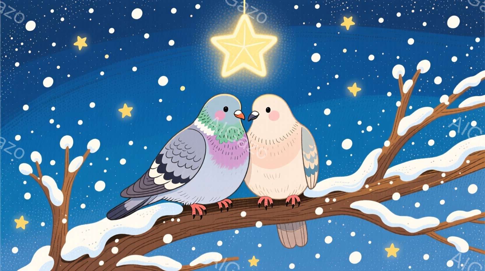 雪の積もった木の枝に寄り添う、灰色のハトとピンク色のハトが描かれています。二羽は顔を寄せ合い、穏やかな表情で愛情を表現しています。背景は夜空で、雪が舞い、明るい星が散りばめられ、ロマンチックで温かい雰 - AI生成フリー素材