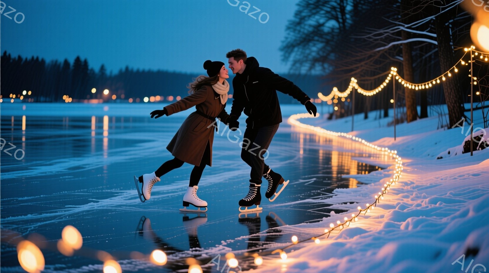 凍った湖上で、一対のカップルが手をつないでスケートを楽しんでいる様子が描かれている。女性は白い帽子とスカーフを身につけ、ロングコートを着用し、男性は黒いジャケットとズボン姿で、二人ともスケート靴を履い - AI生成フリー素材