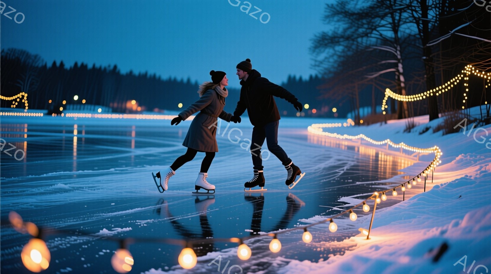 カップルが凍った湖の上でスケートを楽しんでいる様子が写っています。女性は白いコートと帽子を着用し、男性は黒いコートと帽子をかぶっています。背景には雪景色が広がり、湖の周りには温かい光を放つ電飾が並び、ロマンチックで穏やかな雰囲気を醸し出しています。