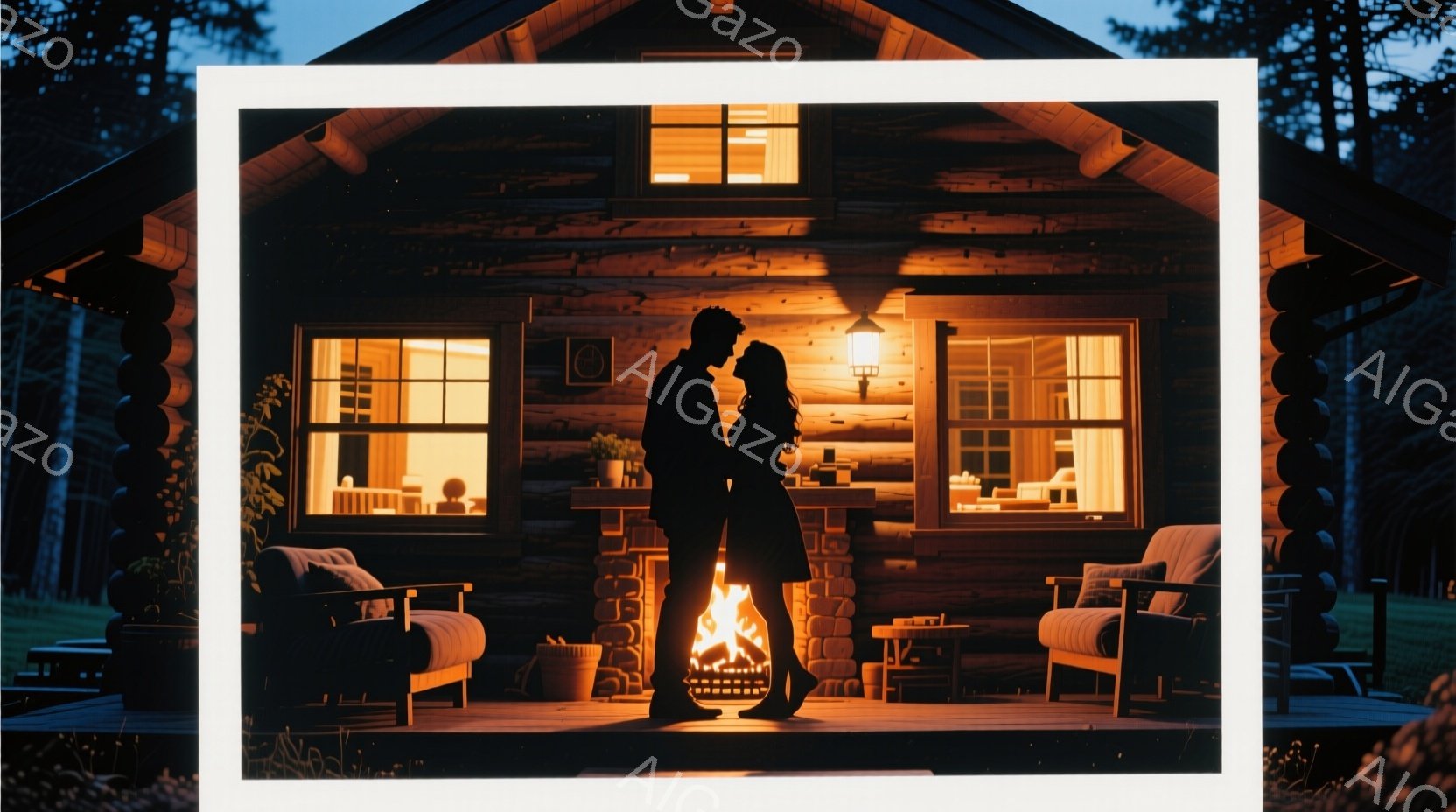 暗い森の中にログハウスがあり、ポーチで男女が寄り添って暖炉の火を見つめている。二人はシルエットで描かれており、暖炉の温かい光が彼らを照らし出している。ポーチには椅子が置かれ、ログハウスからは温かい光が漏れており、ロマンチックで居心地の良い雰囲気を醸し出している。