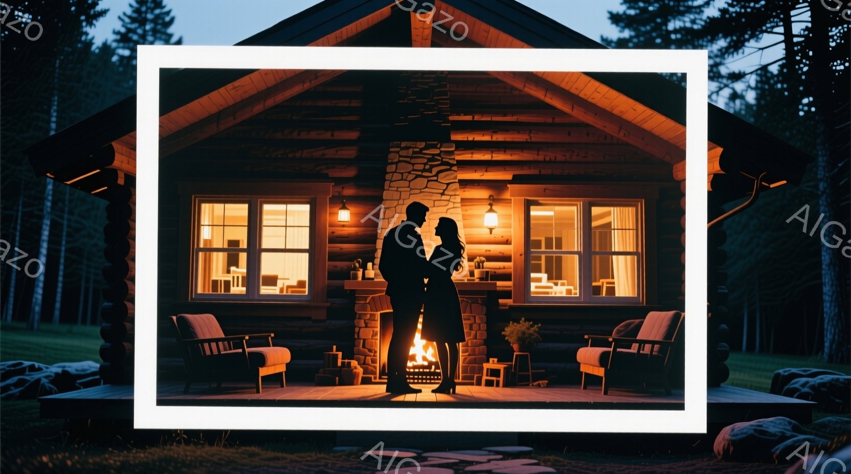 暖炉の前で寄り添う男女がシルエットで描かれています。彼らは夕暮れ時の丸太小屋のバルコニーに立ち、室内から漏れる温かい光に照らされています。背景には緑豊かな芝生と暗い木々が広がり、穏やかでロマンチックな雰囲気を醸し出しています。
