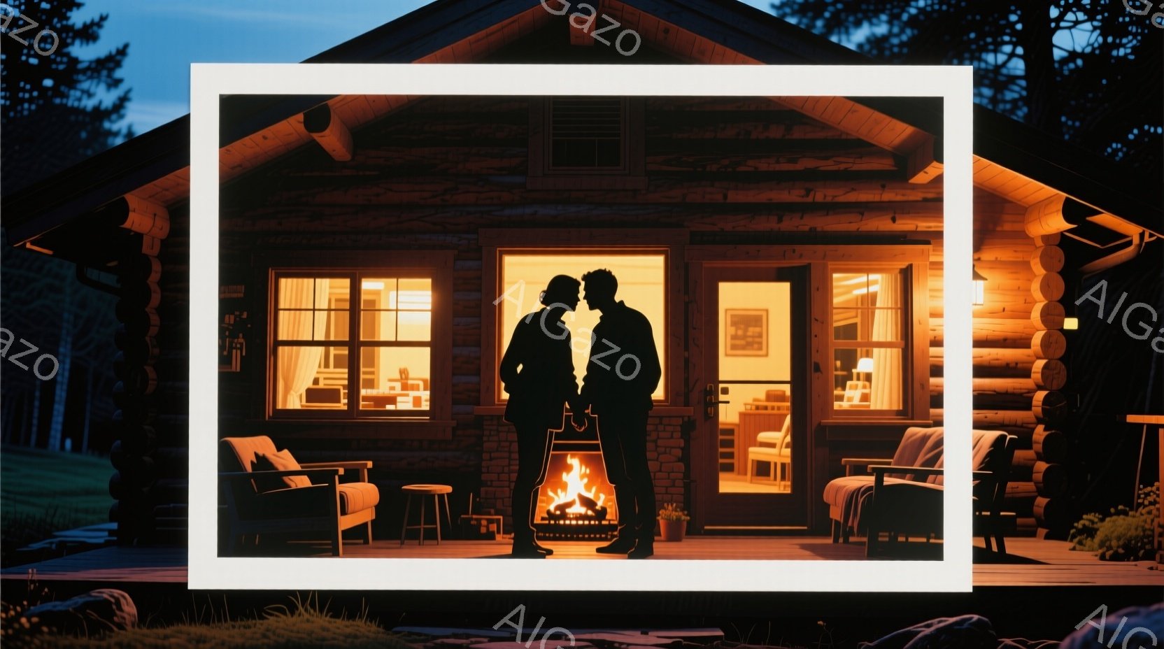 木造のキャビン前で、シルエットになった男女が寄り添い、暖炉の火を見つめている。キャビンからは温かい光が漏れ出し、内部には家具が見える。背景は暗い森で、夜空が広がり、静かでロマンチックな雰囲気が漂っている。