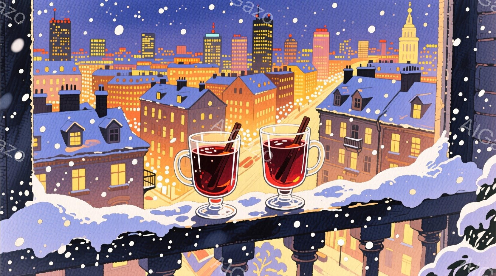 雪が降る夜の街並みを背景に、バルコニーの手すりにホットワインが二つ置かれている。建物はオレンジや黄色の温かい光で照らされ、遠くには高い建物が見える。全体的に温かく、静かで、冬の夜の穏やかな雰囲気が漂っている。