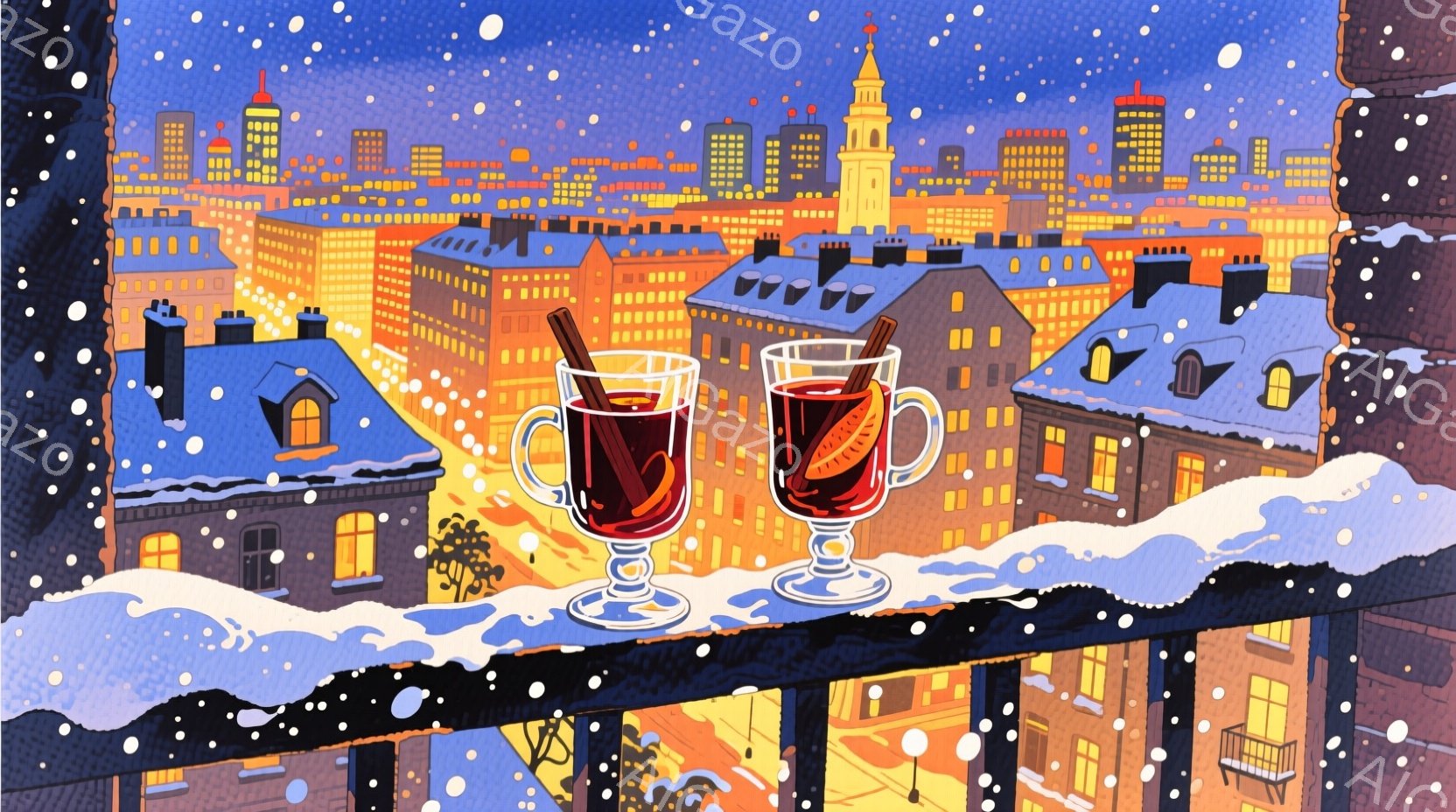 雪が降る夜の街並みを見下ろすように、暖炉の光が灯る赤い飲み物が2つ並べられています。建物は密集し、オレンジ色の光が窓から漏れ、冬の夜の温かさを感じさせます。雪景色と街の明かりが合わさり、幻想的で静寂な - AI生成フリー素材