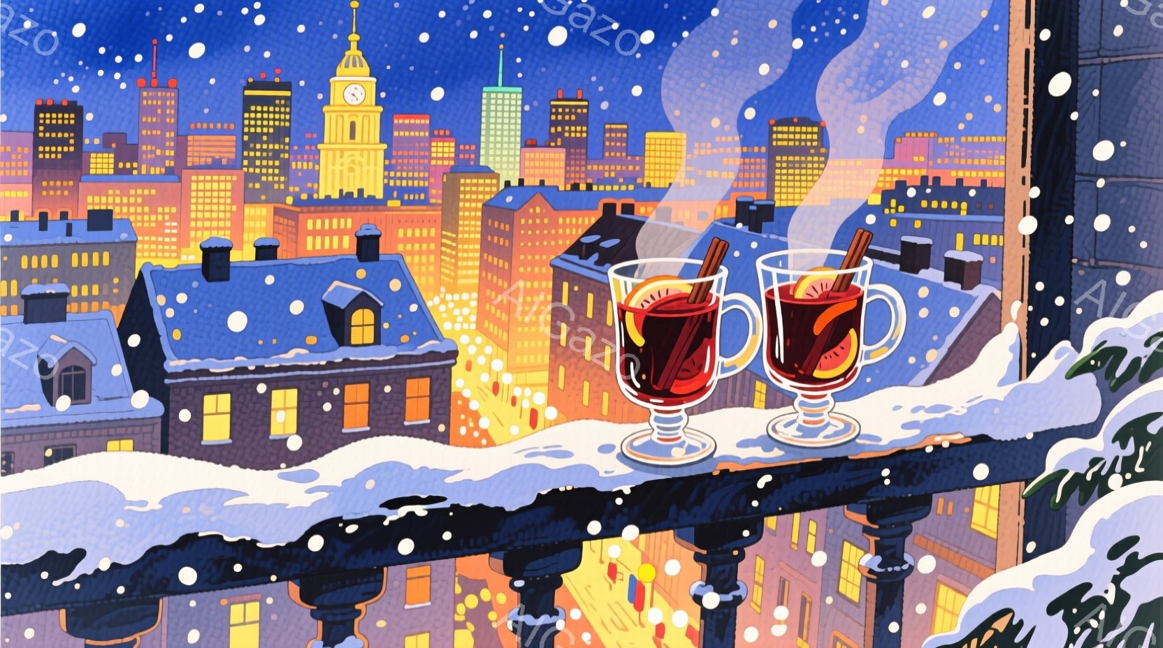 雪が降る夜の街並みを背景に、バルコニーの手すりに温かい飲み物、おそらくホットワインが2つ置かれています。建物はオレンジと黄色の光で照らされ、雪で覆われた屋根は冬の雰囲気を強調しています。全体的に、暖かく、穏やかで、お祝いのようなムードが漂っています。