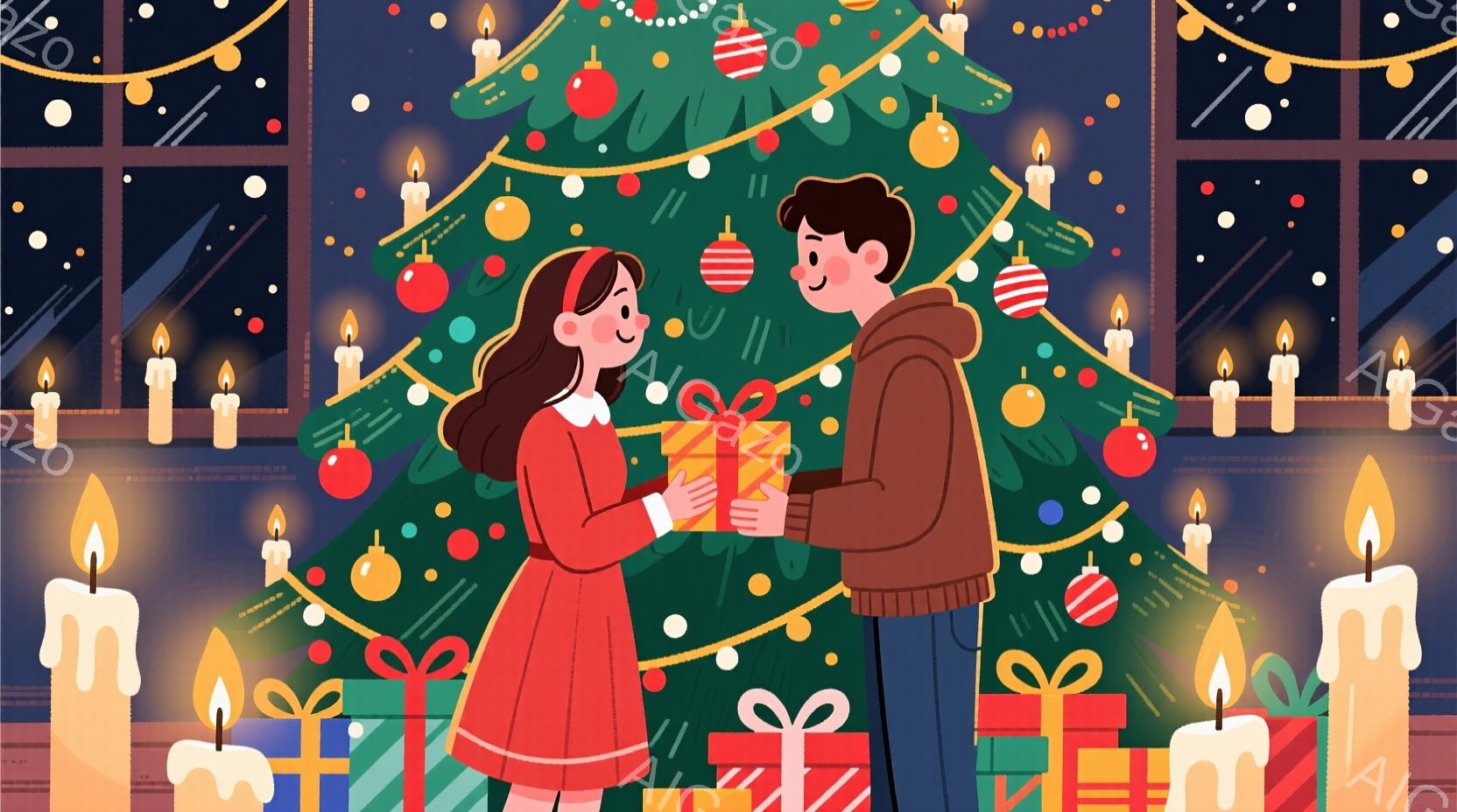 クリスマスツリーの前で、赤いドレスを着た少女と、濃い青のセーターを着た少年がプレゼントを交換しています。少女は黒髪で、笑顔でプレゼントを受け取っています。背景には、キラキラと輝くクリスマスツリーと、窓 - AI生成フリー素材