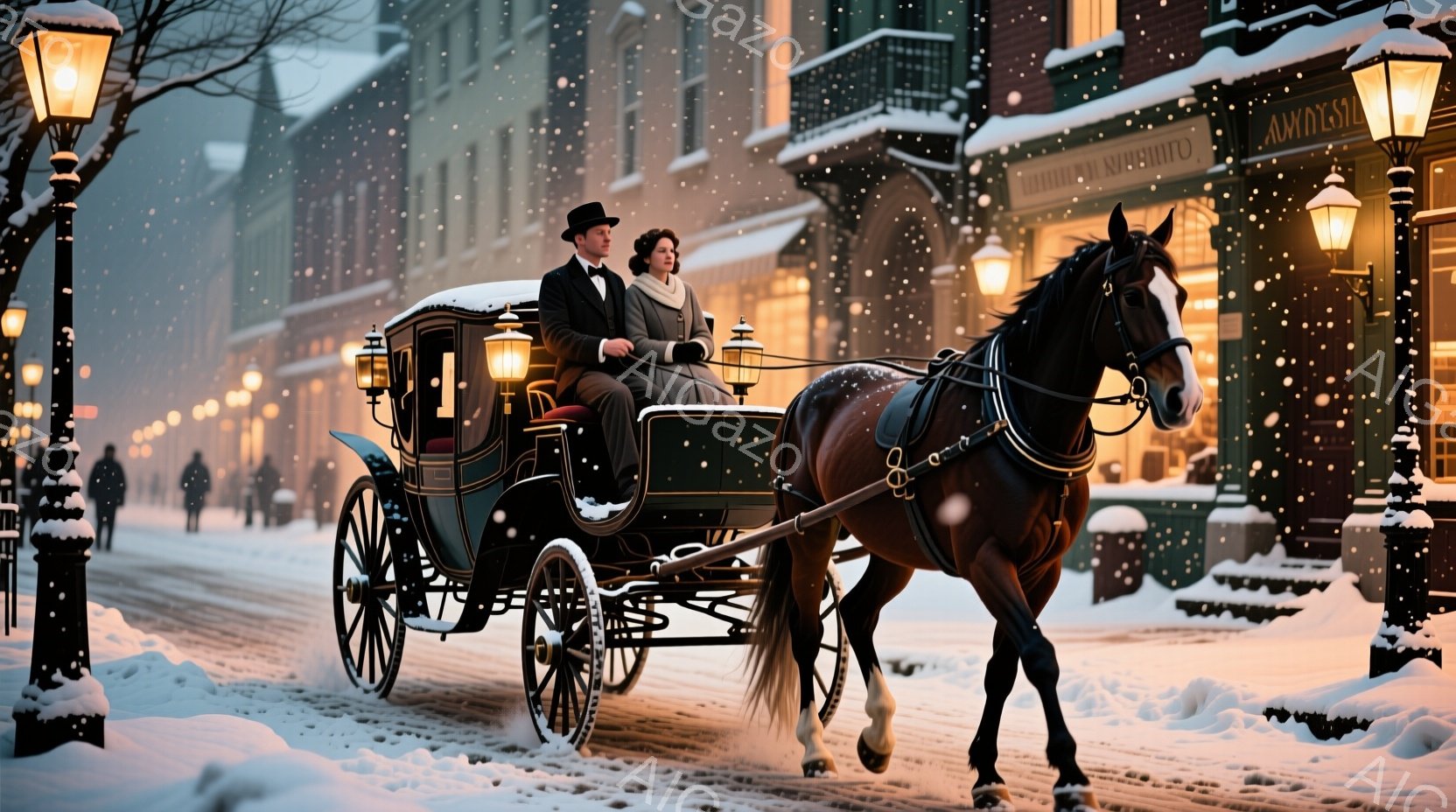 雪が降る街並みを、馬車がゆっくりと進んでいる。馬車の中には、黒い燕尾服を着た男性と赤いドレスを着た女性が座っており、優雅な雰囲気を醸し出している。背景には、ガス灯が灯る古い建物が並び、クリスマスの飾り付けが施されていることから、冬の祝祭の雰囲気が漂っている。