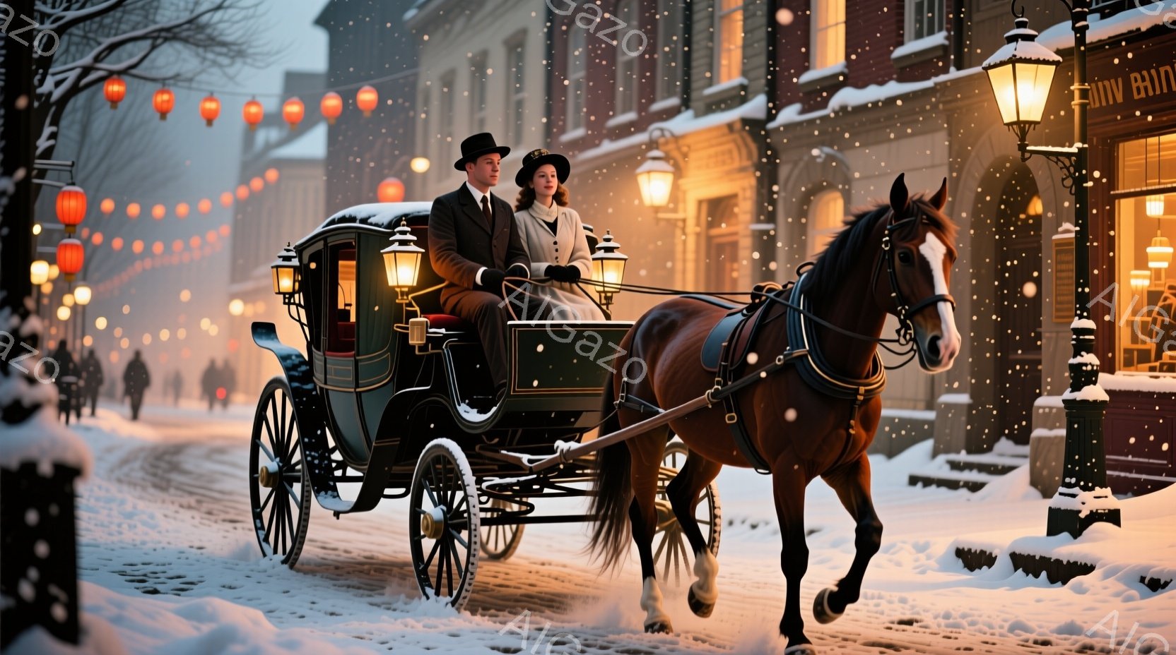 雪が降る街を、馬車が疾走している。男性は黒いスーツと帽子を着用し、女性は白いドレスと赤いリボンをあしらった帽子を被り、共に前方を向いて座っている。背景には、灯りで飾られた建物が並び、クリスマスの雰囲気 - AI生成フリー素材