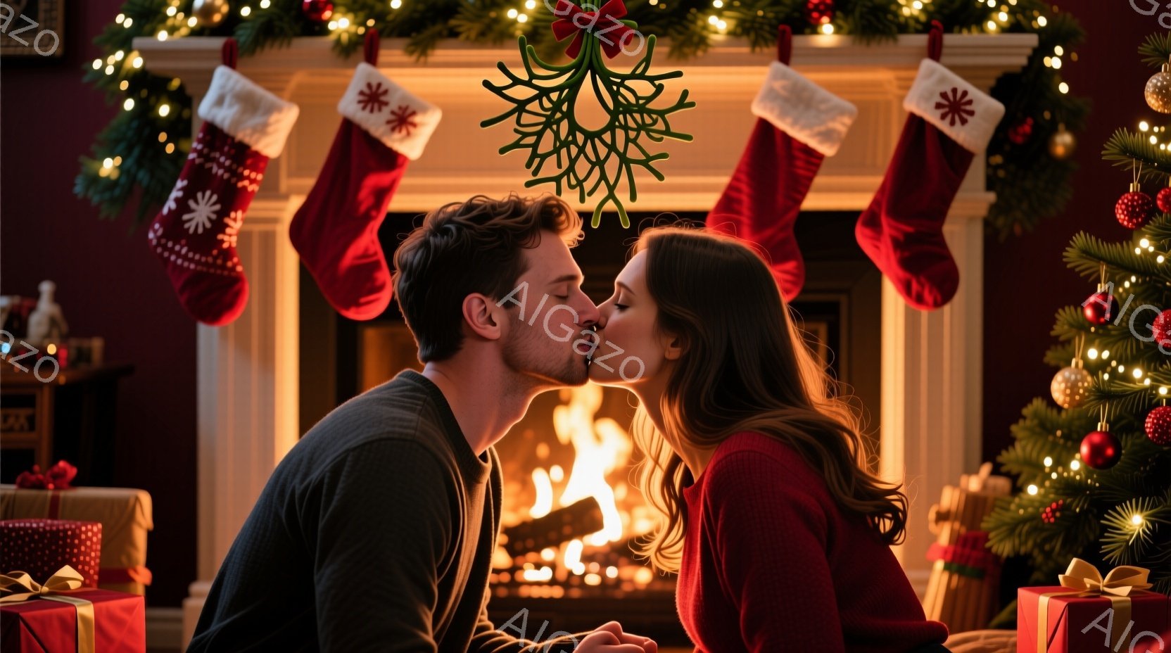 クリスマスを祝う若いカップルがミステルトーの下でキスをしています。男性は濃い色のシャツを着ており、女性は赤いセーターを着ています。暖炉とクリスマスツリー、プレゼントボックスが背景にあり、温かくロマンチックな雰囲気を醸し出しています。