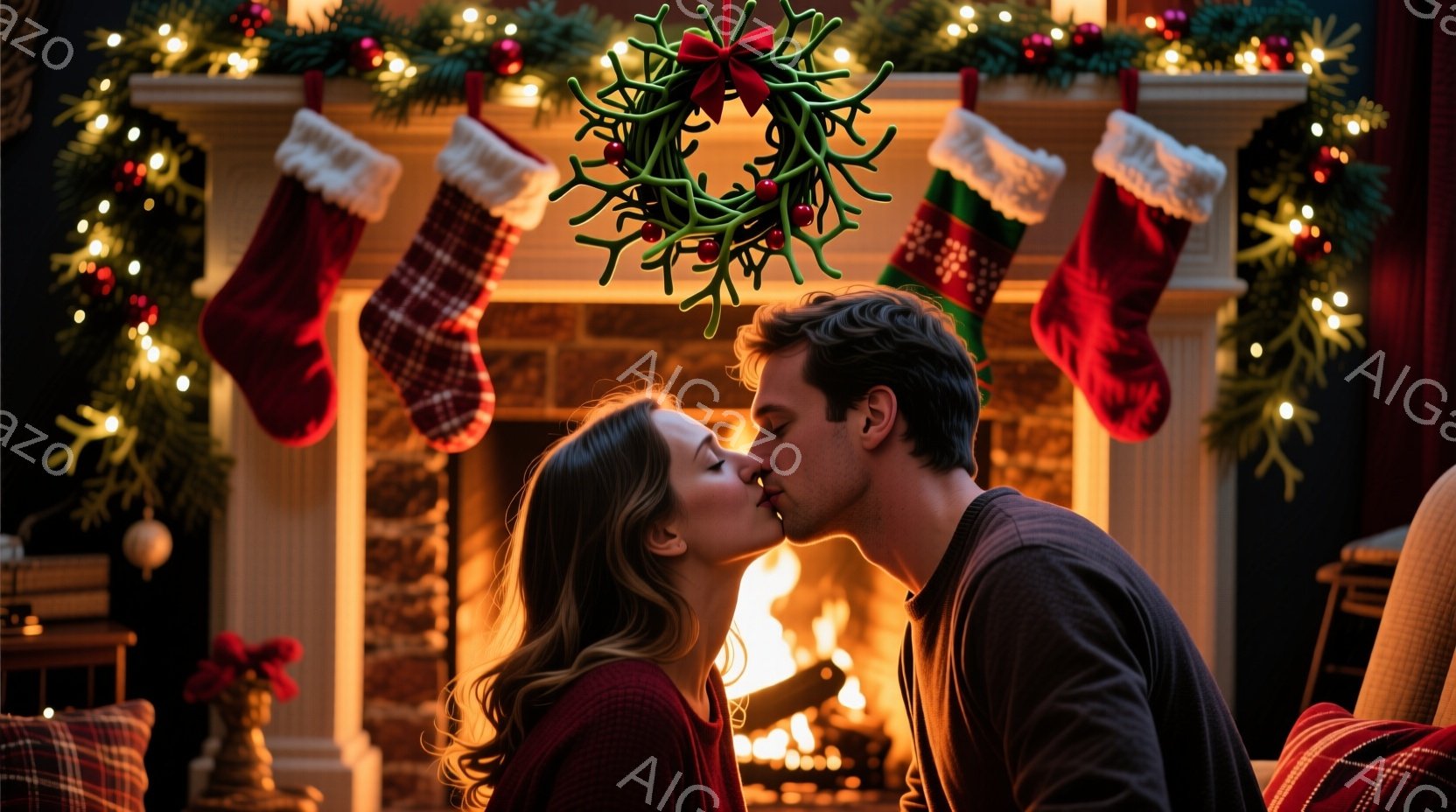 クリスマスを祝う若いカップルが、暖炉の前でミステルトーの下でキスをしています。女性は赤いセーターを着ており、長く巻いた髪を持ち、目を閉じています。男性は紺色のセーターを着ており、少し髪が乱れています。暖炉には火が燃え盛っており、背景にはクリスマスソックスと光る飾り付けが飾られています。