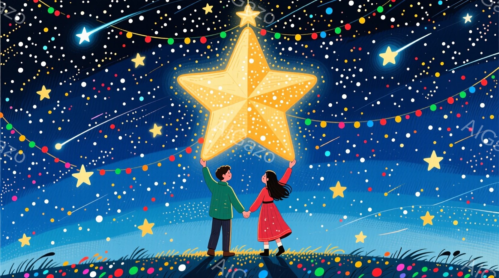 少年と少女が手をつないで、明るい星空の下に立っている。少年は緑のジャケットを着ており、少女は赤いワンピースを着ている。背景には、さまざまな色の光が輝く星々が散りばめられており、草が生い茂る丘の上に立っ - AI生成フリー素材