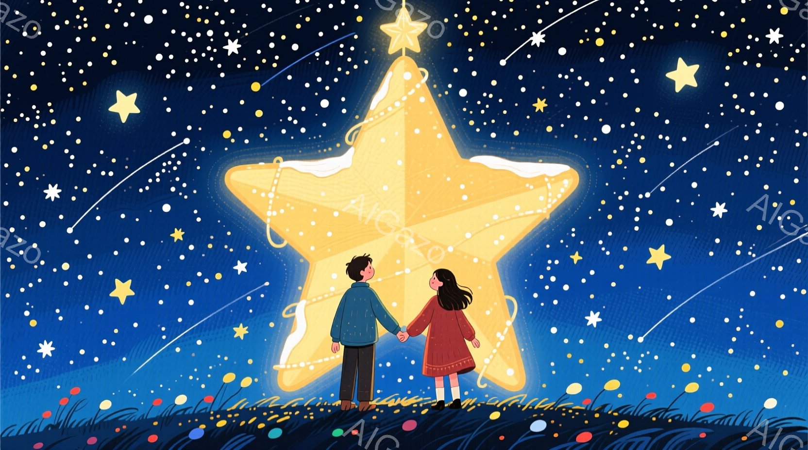 少年と少女が手をつないで星を見上げています。少年は紺色のセーターを着ており、少女は赤いワンピースを着ています。背景には無数の星が輝き、草原には色とりどりの小さな光が点在しており、ロマンチックで夢のよう - AI生成フリー素材