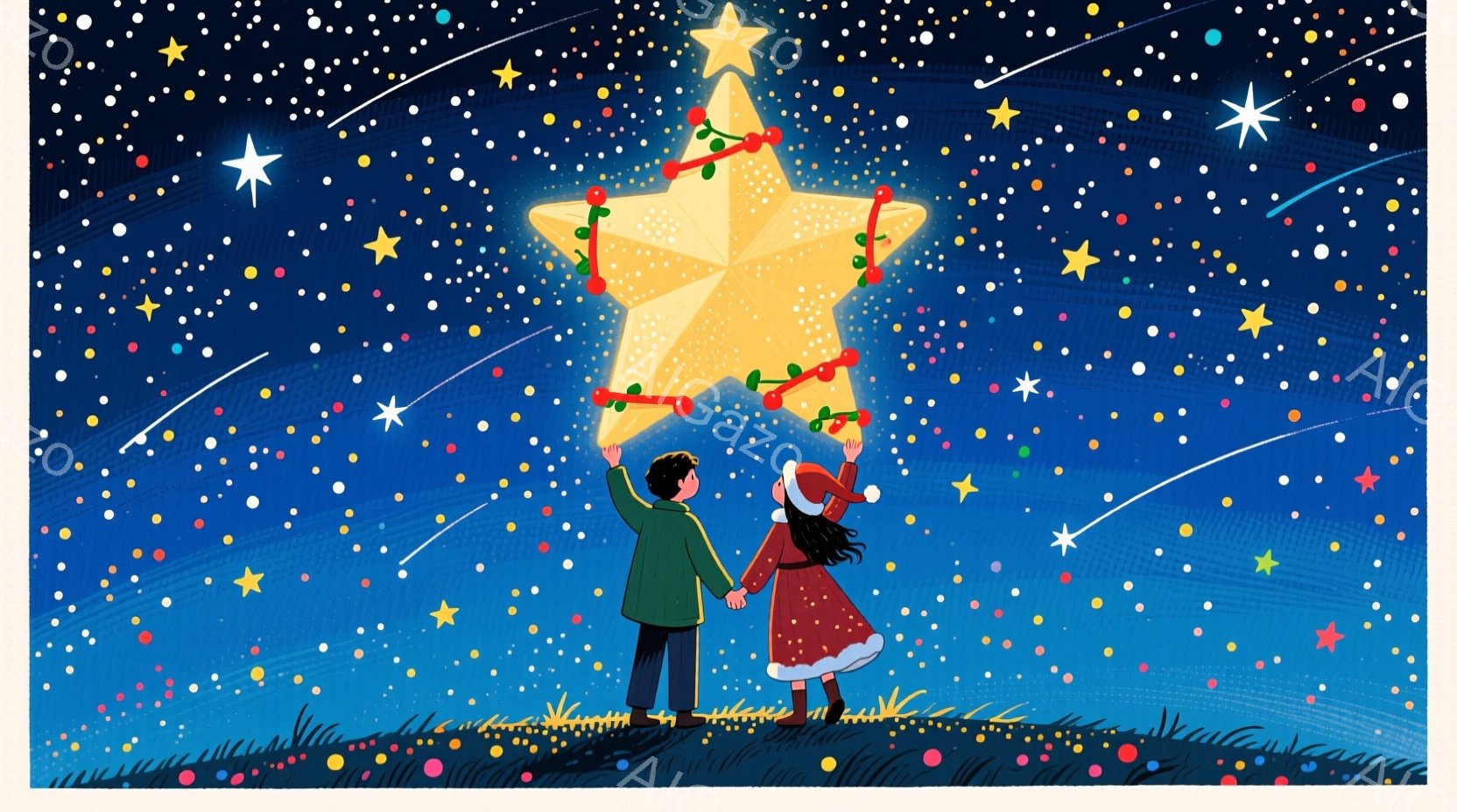 男の子と女の子が手をつないで大きな星型の光を見上げています。男の子は緑色のコートを着ており、女の子は赤いドレスと白い縁飾りの帽子をかぶっています。背景は暗い青色の空にたくさんの星が輝き、地にはカラフルな草が生い茂っています。