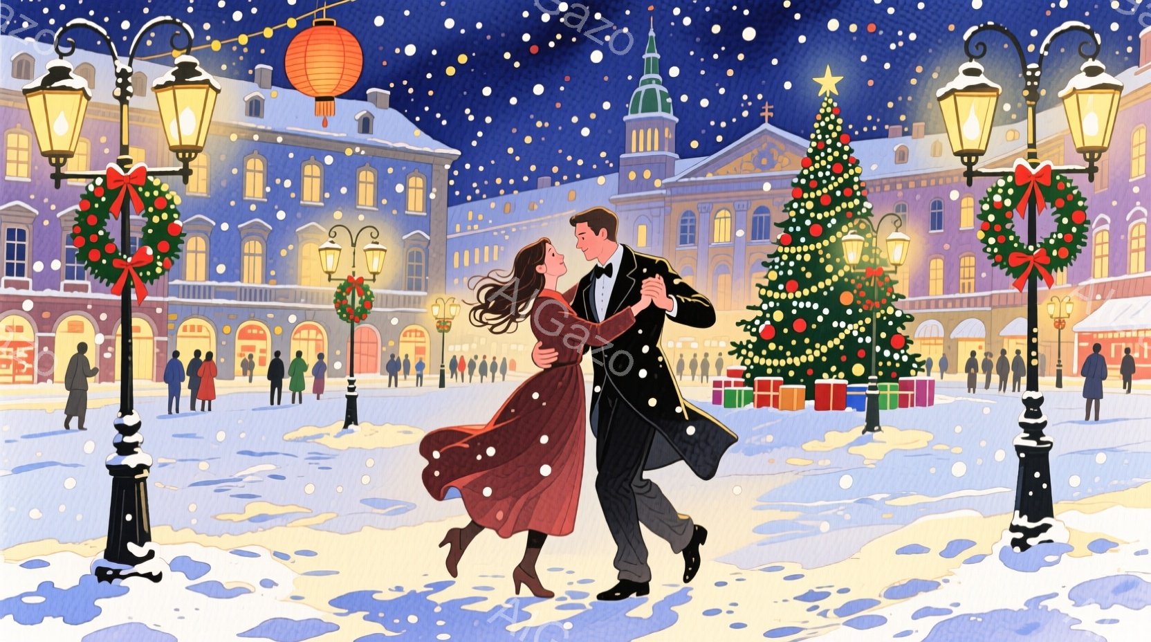 広場では、赤いドレスを着た女性と黒いタキシードを着た男性が優雅に踊っています。背景には、クリスマスツリーが飾られた建物が立ち並び、雪が舞う冬の夜を表しています。建物にはクリスマスリースや装飾が施され、 - AI生成フリー素材
