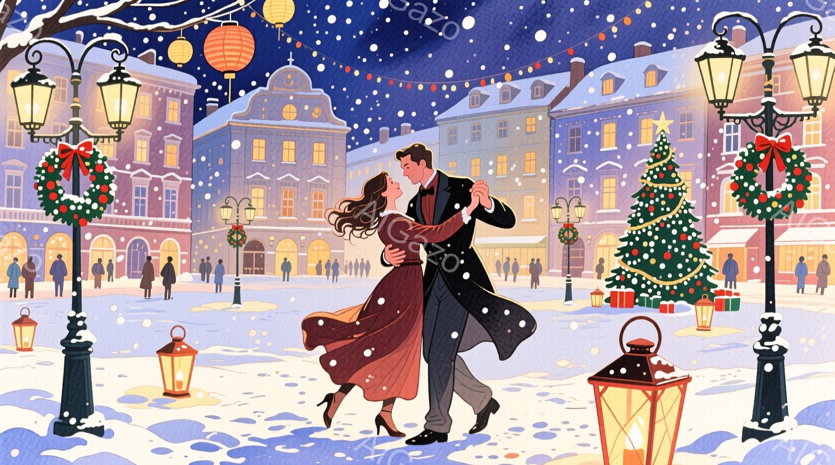 雪が舞う広場で、一対の男女が優雅にダンスを踊っている。女性は赤いロングドレスを身に着け、ゆるやかなウェーブの茶髪が肩から背中を流れている。背景には、クリスマスツリーやイルミネーションで飾られた建物が並び、暖かくロマンチックな雰囲気が漂っている。