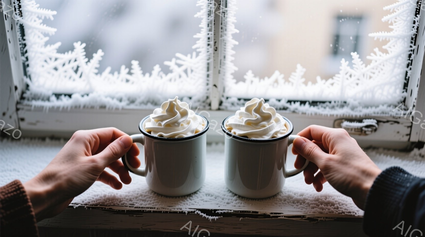 窓辺に置かれた古びた白い棚の上に、熱そうな2つの白いマグカップが並んでいる。カップにはたっぷりのホイップクリームが乗っており、手で優しく支えられている。背景には雪が降り積もり、窓ガラスには霜が降りてお - AI生成フリー素材