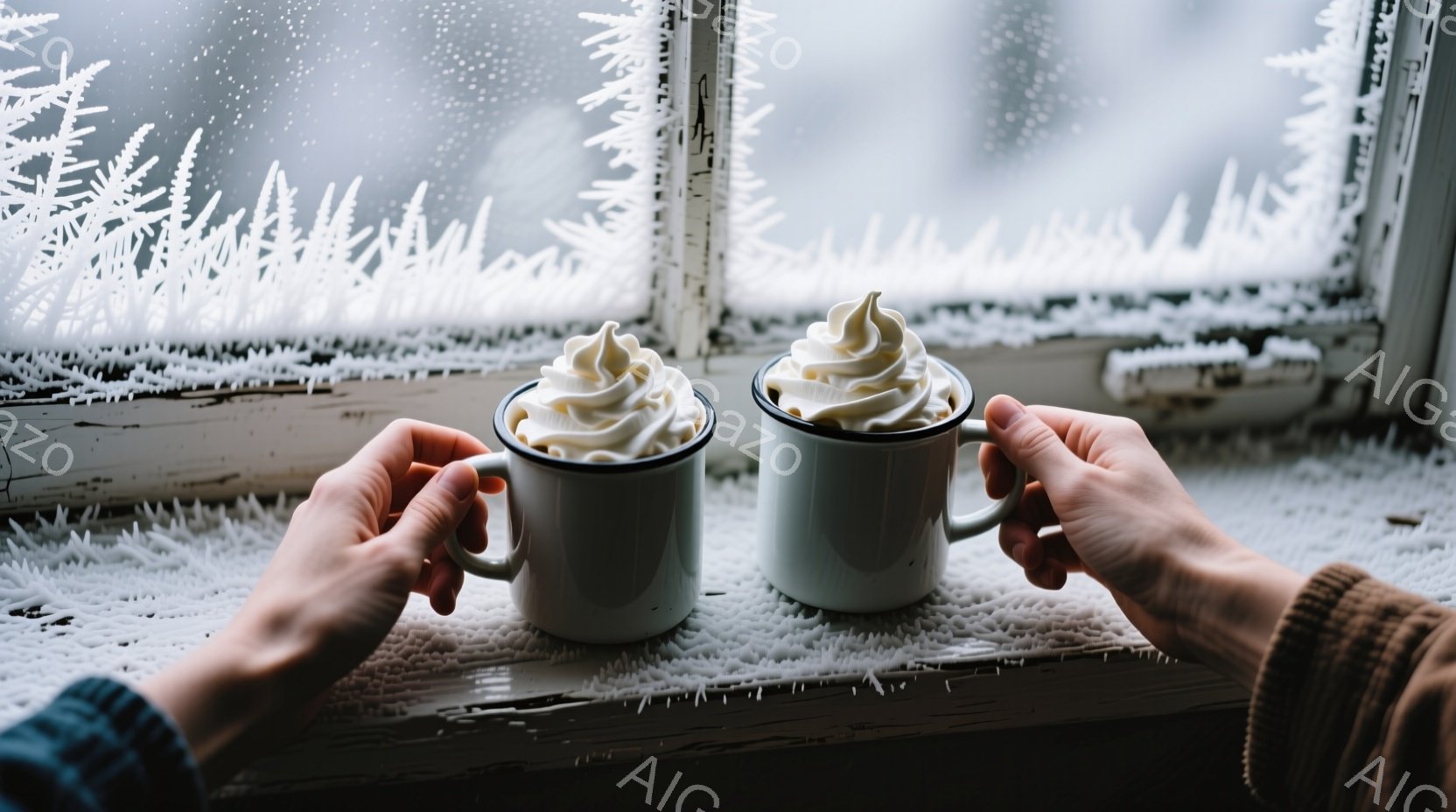 白い縁取りのあるエメラルドグリーンのセーターを着た人物が、窓枠に置かれた白いマグカップを両手で持っています。カップにはたっぷりのホイップクリームが乗っており、背景の窓ガラスには霜が降り積もっています。暖かく、冬の静寂を感じさせる、ほっとするような雰囲気です。