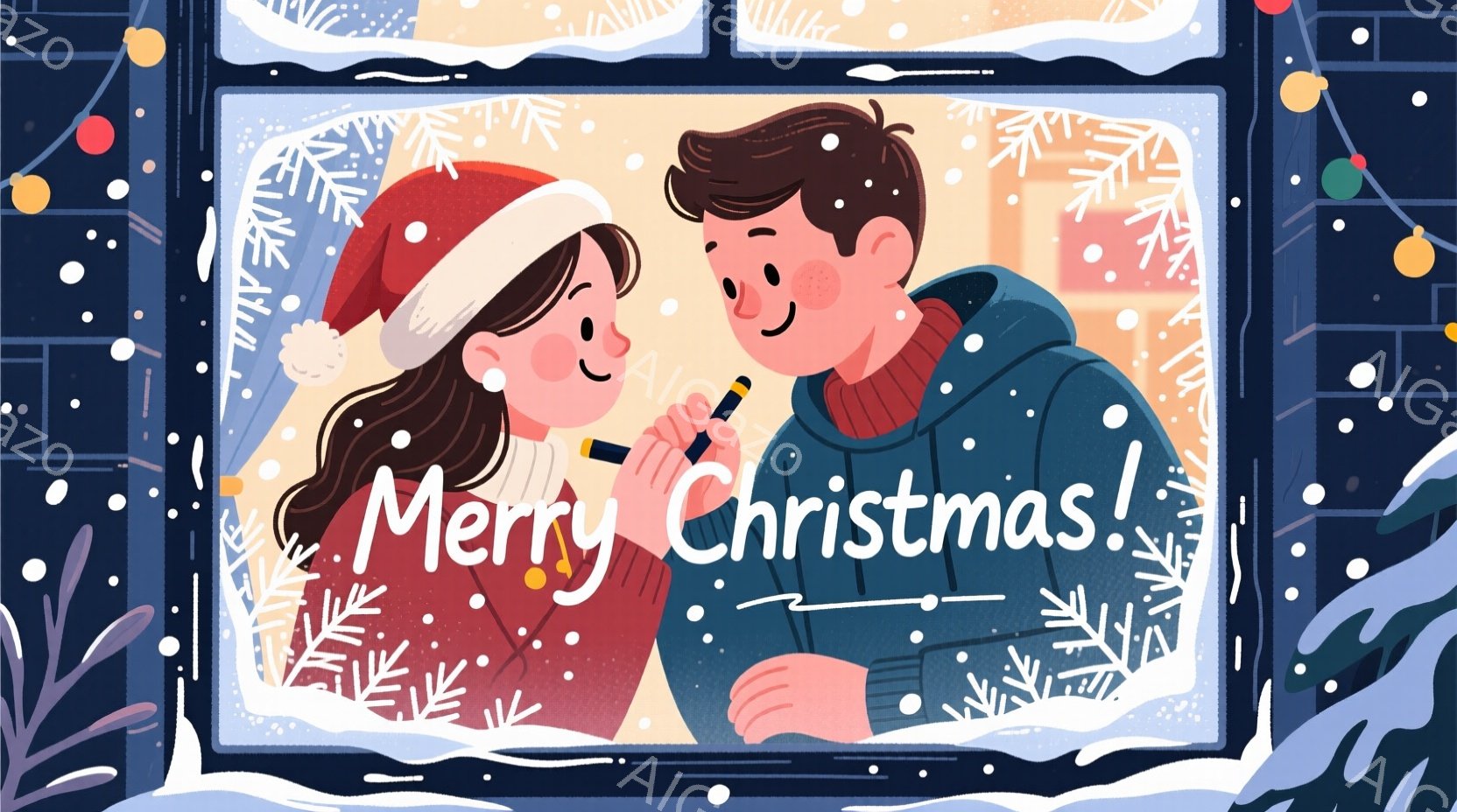 赤いサンタ帽をかぶった女性と、濃い青色のジャケットを着た男性が描かれています。二人は頬を寄せ合い、微笑んでおり、背景には雪が降る夜の街並みがぼんやりと見えます。全体的に温かく、ロマンチックで、クリスマ - AI生成フリー素材
