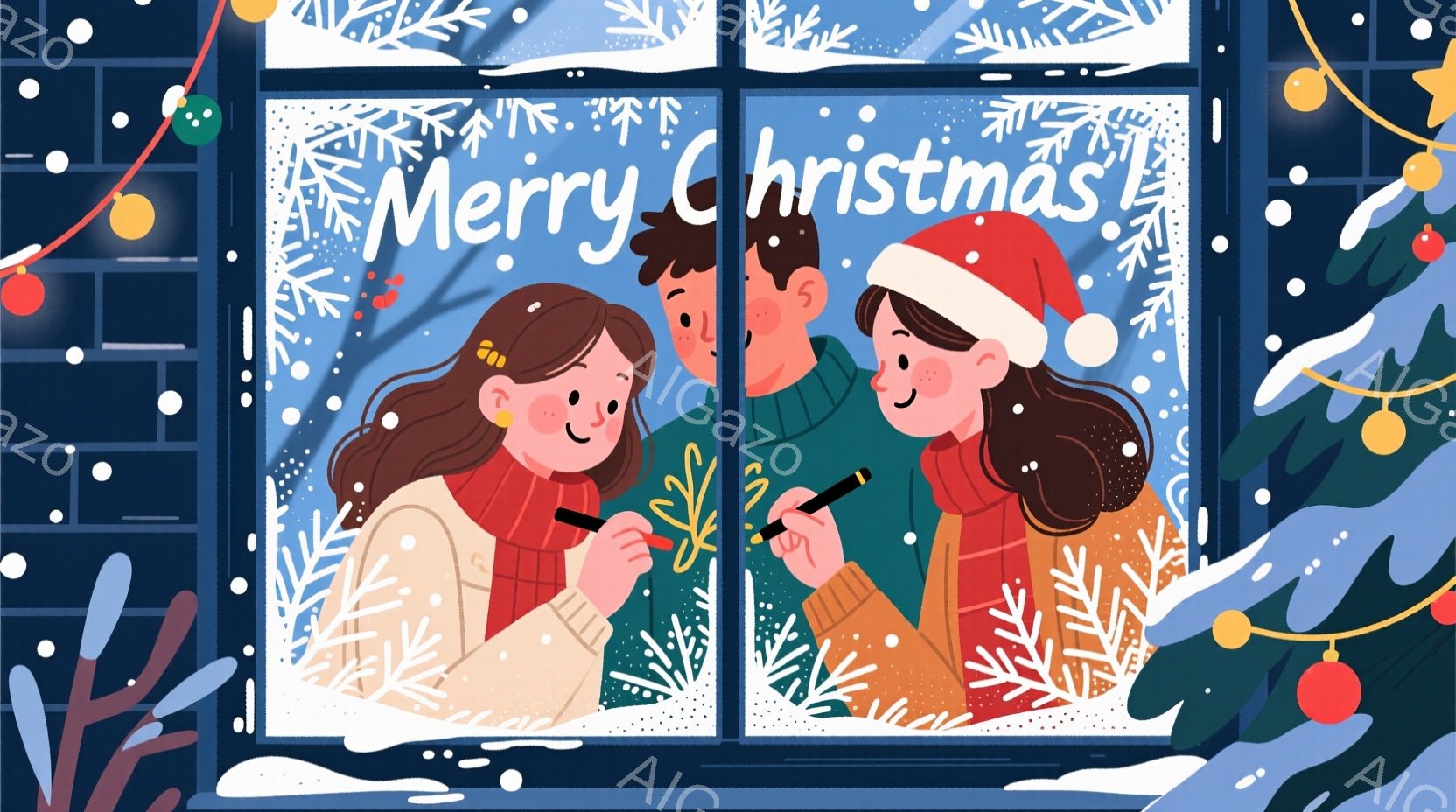 暖炉の光が差し込む窓辺で、若い女性と男性が互いに顔を見合わせながら何かを描いている様子が描かれている。女性は巻き毛で赤いセーター、男性はニット帽をかぶり、明るい表情で楽しんでいる。背景には雪景色が広が - AI生成フリー素材