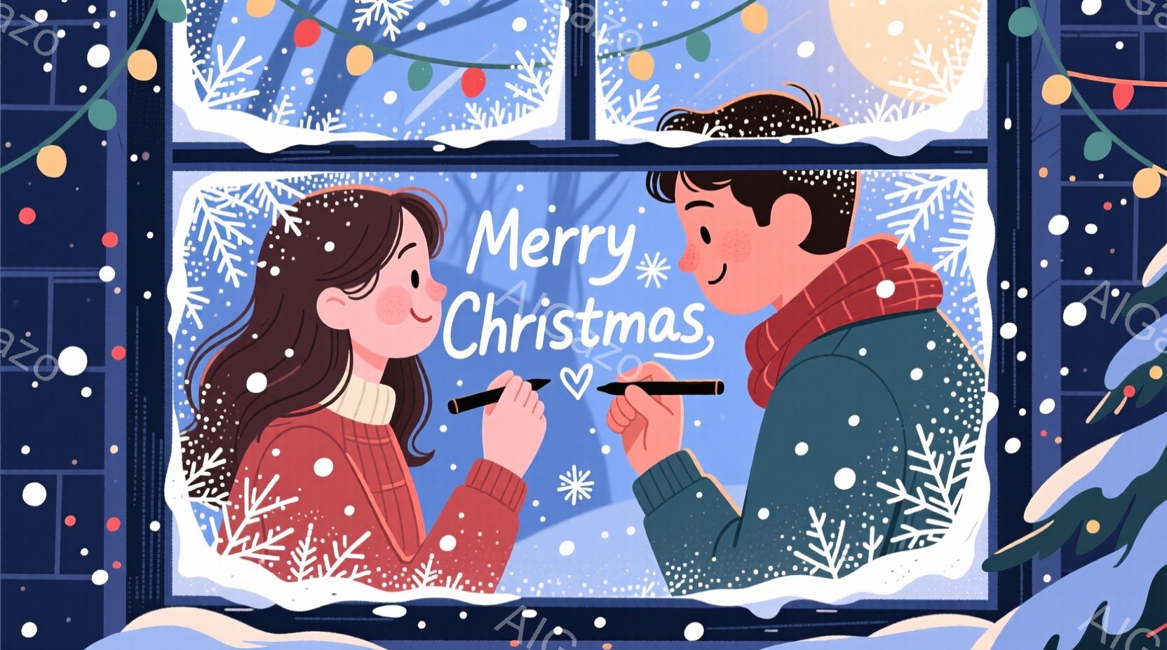 暖炉のそばの窓辺で、若い男女がクリスマスの飾り付けを楽しんでいます。女性は赤いセーターを着ており、茶色の長い髪をしています。男性は緑色のジャケットを着て、窓に「メリークリスマス」と書きながら、女性を見 - AI生成フリー素材