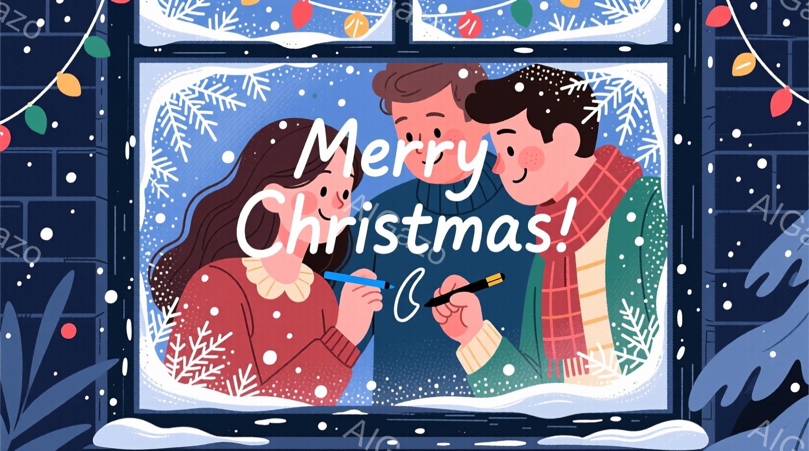 このイラストでは、若い男女が雪景色を背景に寄り添い合っています。女性は赤毛で、緑色のセーターを着て、男性は茶色の髪で赤いセーターを着ています。背景には雪の舞う街並みとクリスマスの飾り付けが施された窓枠 - AI生成フリー素材