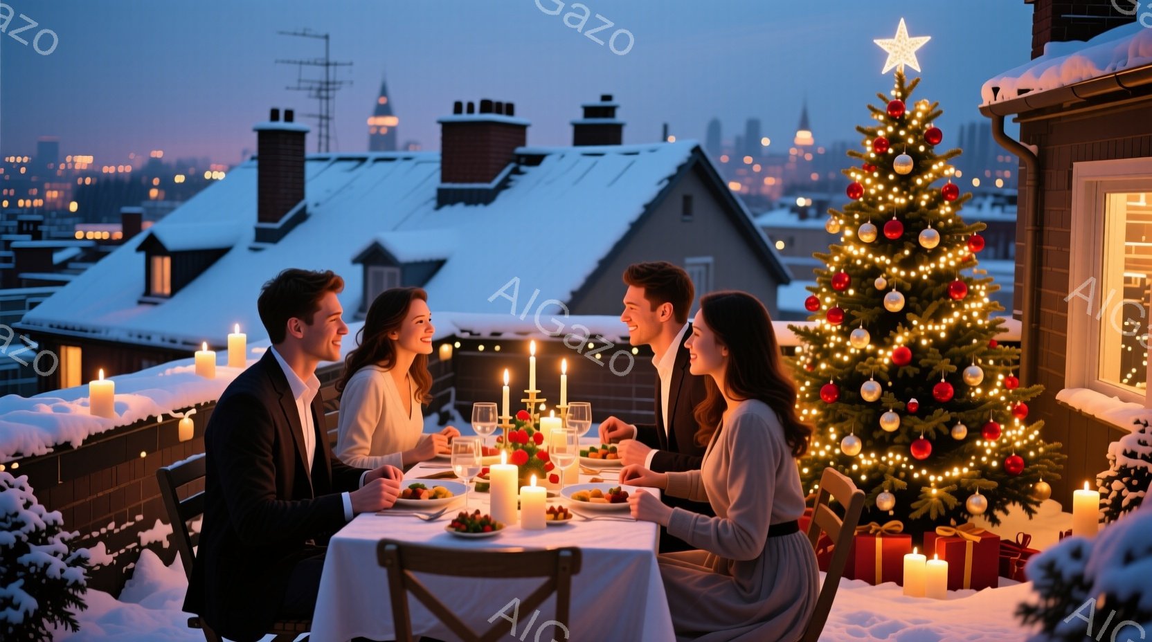 屋上テラスでクリスマスのディナーを楽しむ若い男女が二人ずつテーブルを挟んで座っています。男性は黒いスーツ、女性は白いドレスとロングヘアで、皆微笑みながら互いを見つめ合っています。背景には雪に覆われた屋根と遠くの街並みが広がり、クリスマスツリーやキャンドルが暖かくロマンチックな雰囲気を醸し出しています。