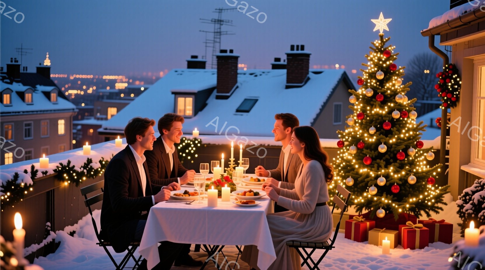 雪景色を背景に、屋上のテラスで夕食をとる若いカップルが写っています。男性は黒いスーツ、女性は白いセーターを着ており、テーブルにはキャンドルと料理が並び、ロマンチックな雰囲気を醸し出しています。背景には - AI生成フリー素材